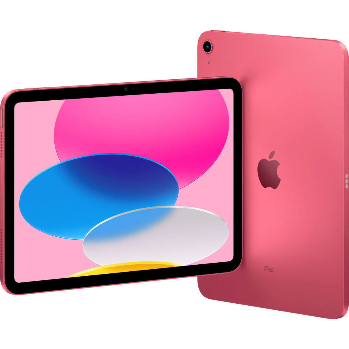 iPad rosa con forme astratte colorate sullo schermo. Un altro iPad dietro. Logo Apple visibile.