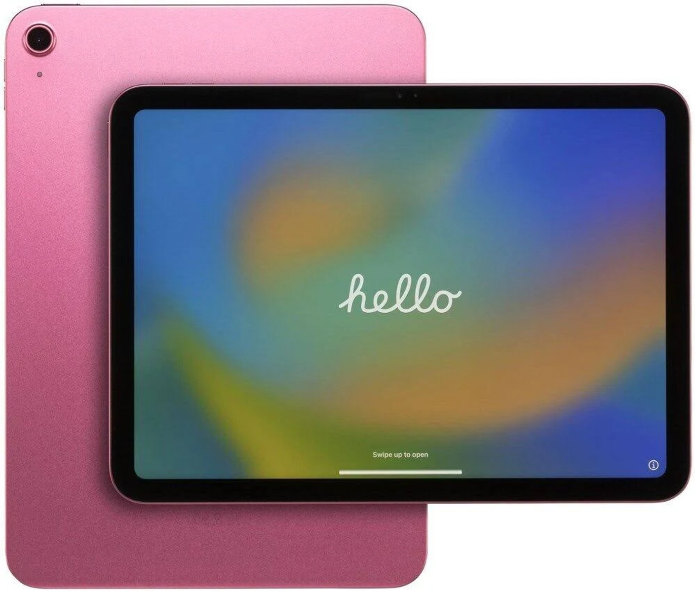 iPad rosa con la parola 'hello' sullo schermo.