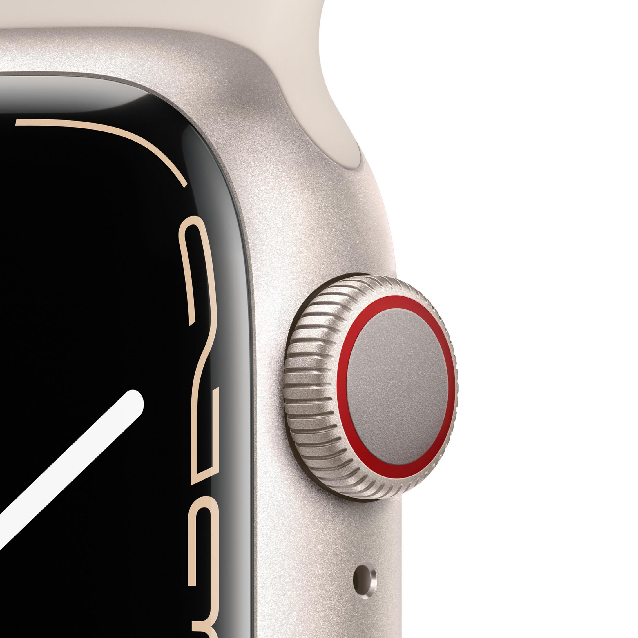 Nahaufnahme der Seite einer Apple Watch mit digitaler Krone und Zifferblatt.