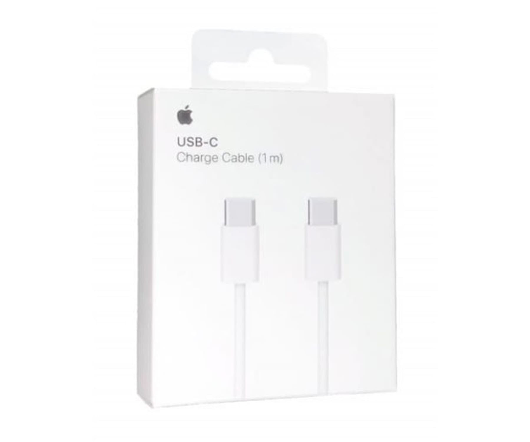 Biały kabel USB-C Apple w pudełku. Pudełko z logo i tekstem Apple, pokazujące kable.
