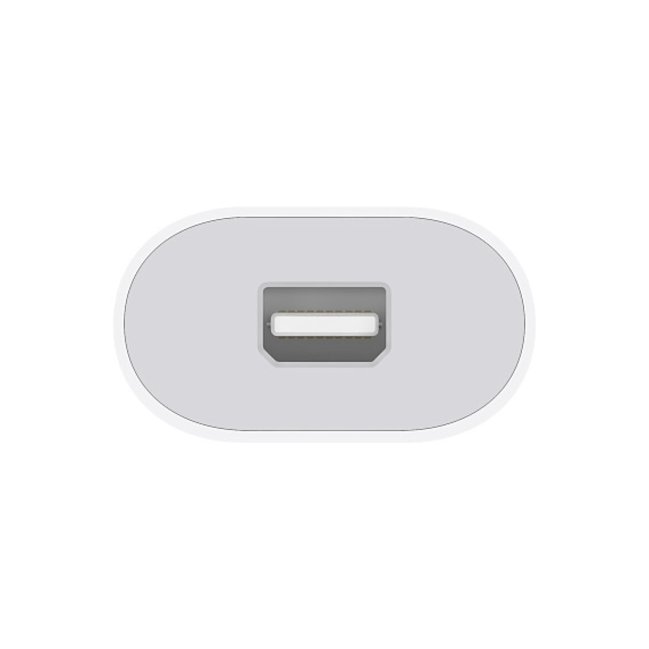 A white connector, with a grey, D-shaped port.