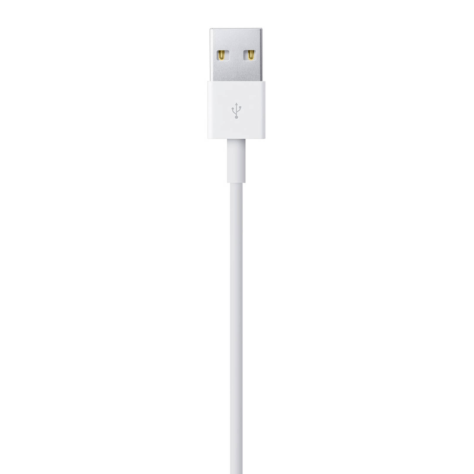 Ein weißes USB-Kabel mit einem USB-Anschluss auf weißem Hintergrund.