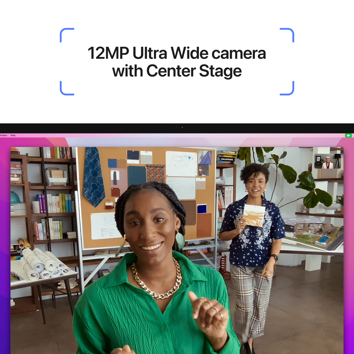 Kobieta w zielonej koszuli na rozmowie wideo. Tekst: Aparat 12MP Ultra Wide.