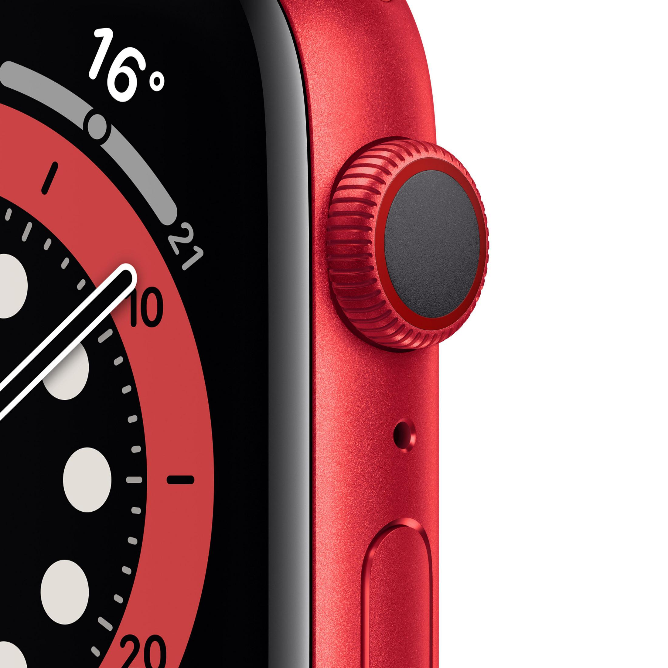 Rote Apple Watch, zeigt Zeit und Seitentasten-Details.