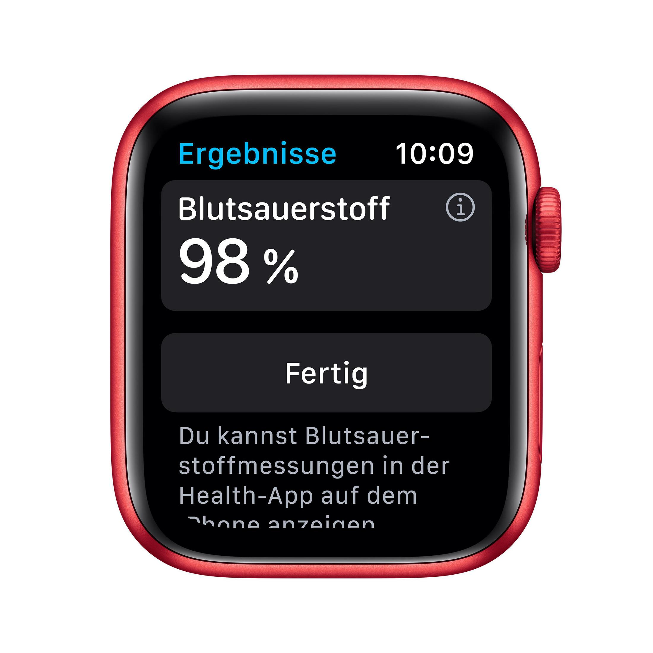 Eine rote Apple Watch zeigt Blutsauerstoff als 98% an. Text darunter sagt, dass man es in der Health App sehen kann.