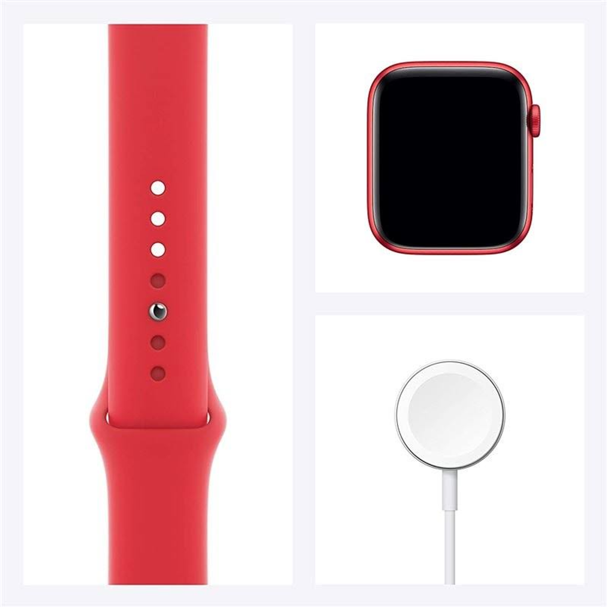 Rote Apple Watch Teile: Armband, Zifferblatt und Ladescheibe. Die Uhr ist rot.