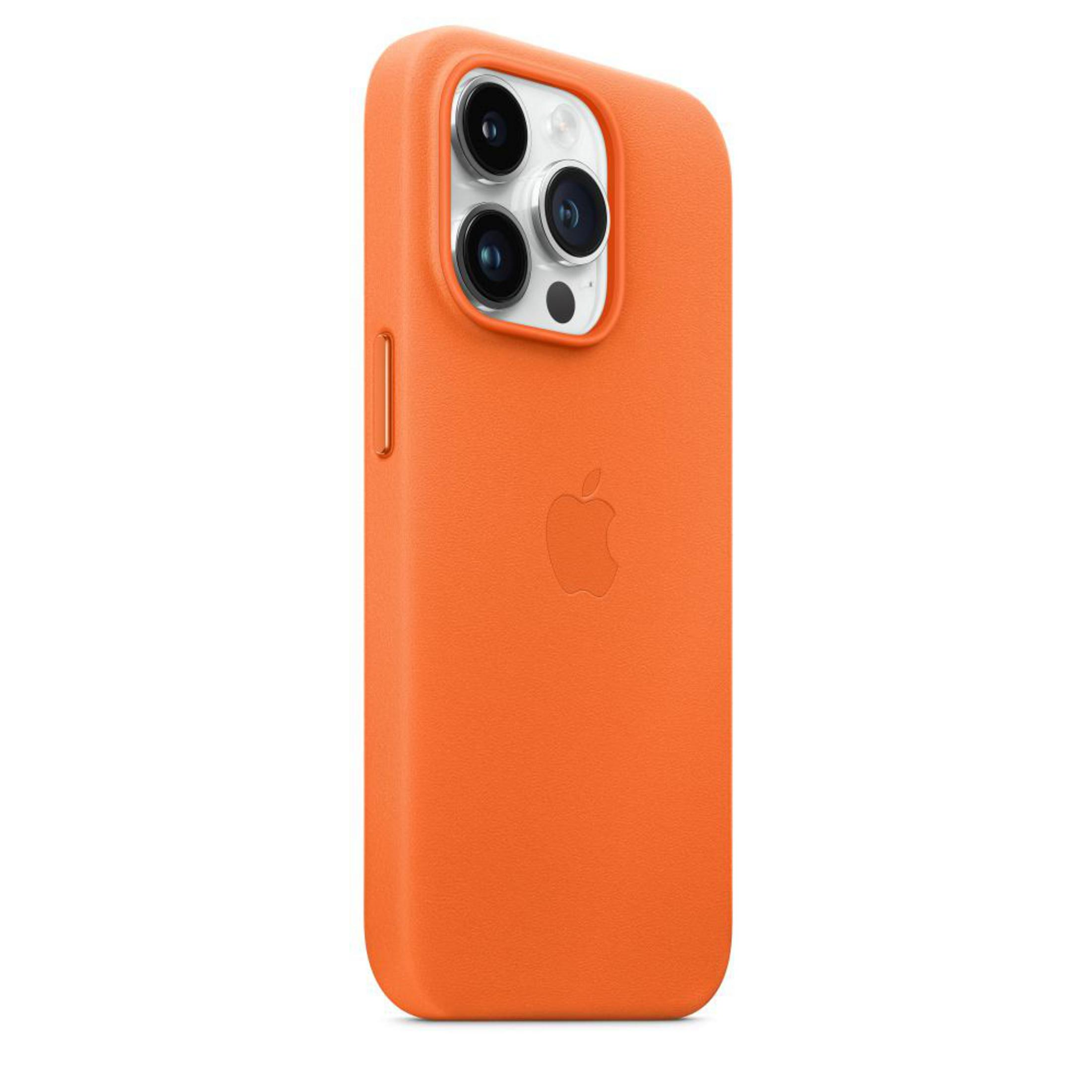 Eine orangefarbene iPhone-Hülle mit mehreren Kameras und einem Apple-Logo.