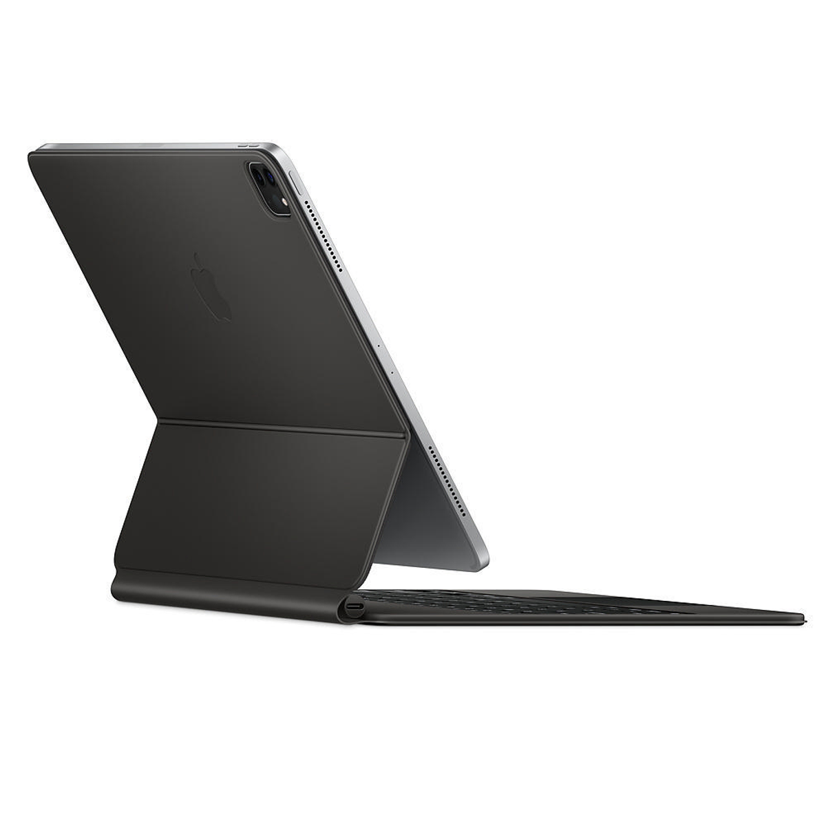 Ein schwarzes iPad mit Tastaturständer, auf weißem Hintergrund.
