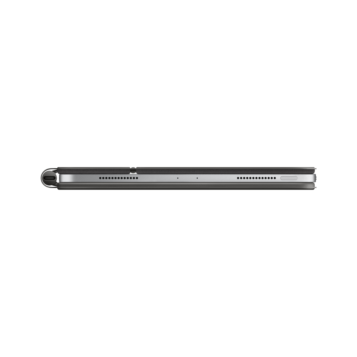 Ein graues Tablet mit Tastaturhülle, von der Seite gesehen, mit Anschlüssen.