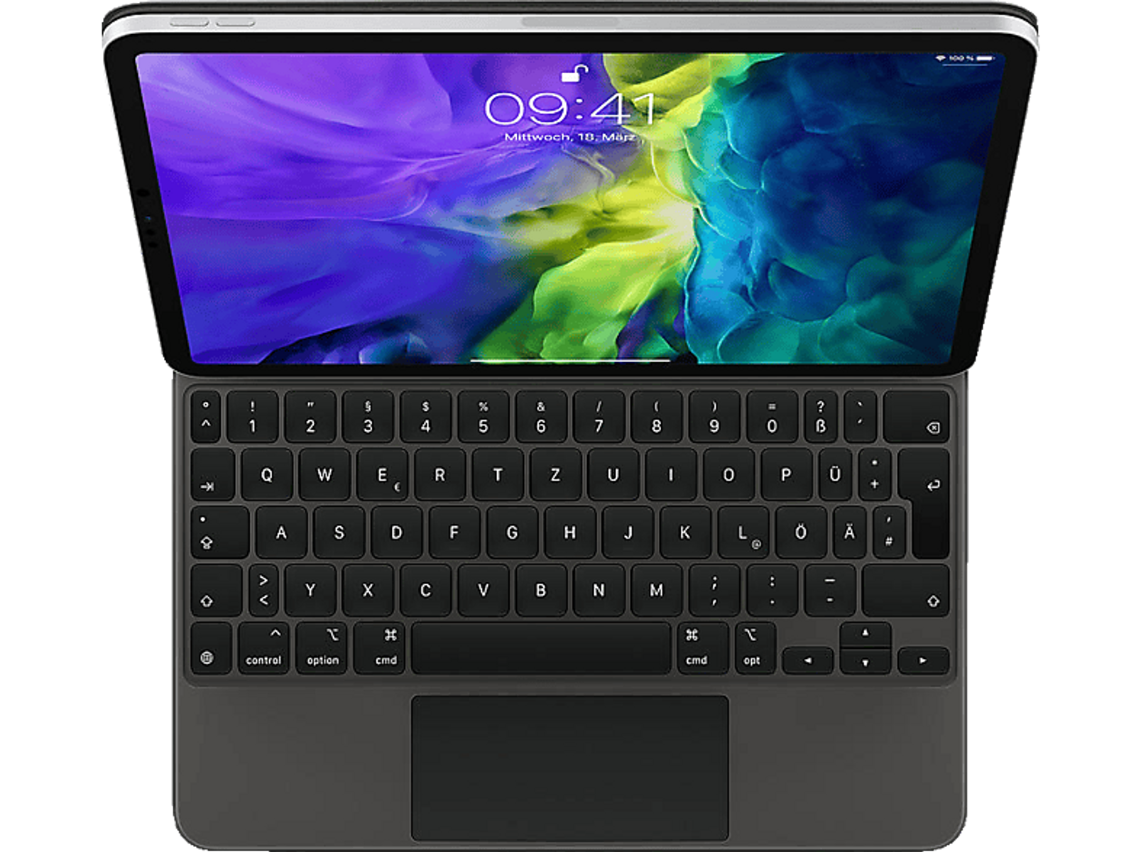 Ein offenes Tablet mit einer Tastaturhülle. Die Uhrzeit ist 09:41.