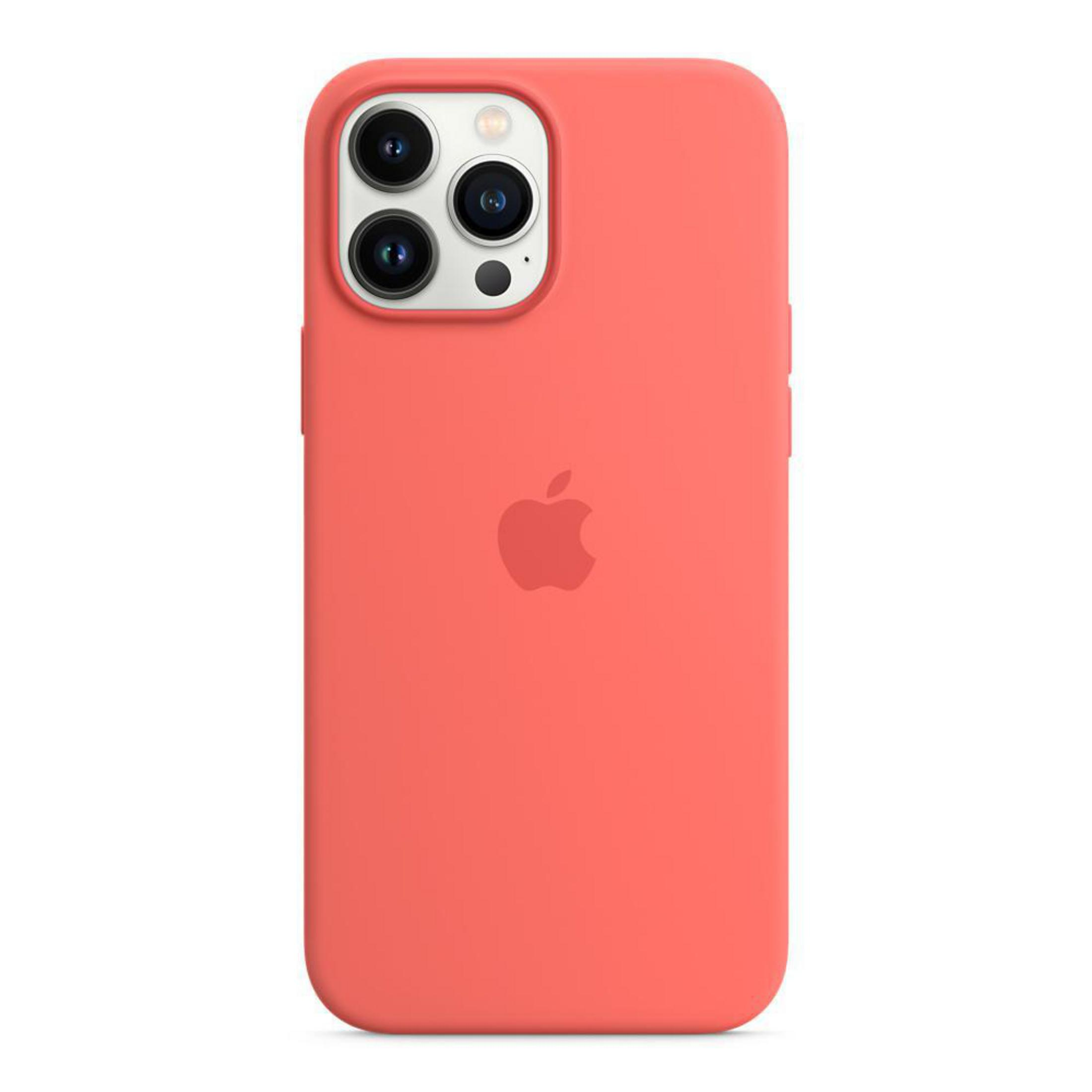 Coral colored iPhone case with three camera lenses and the Apple logo. The case is plain.