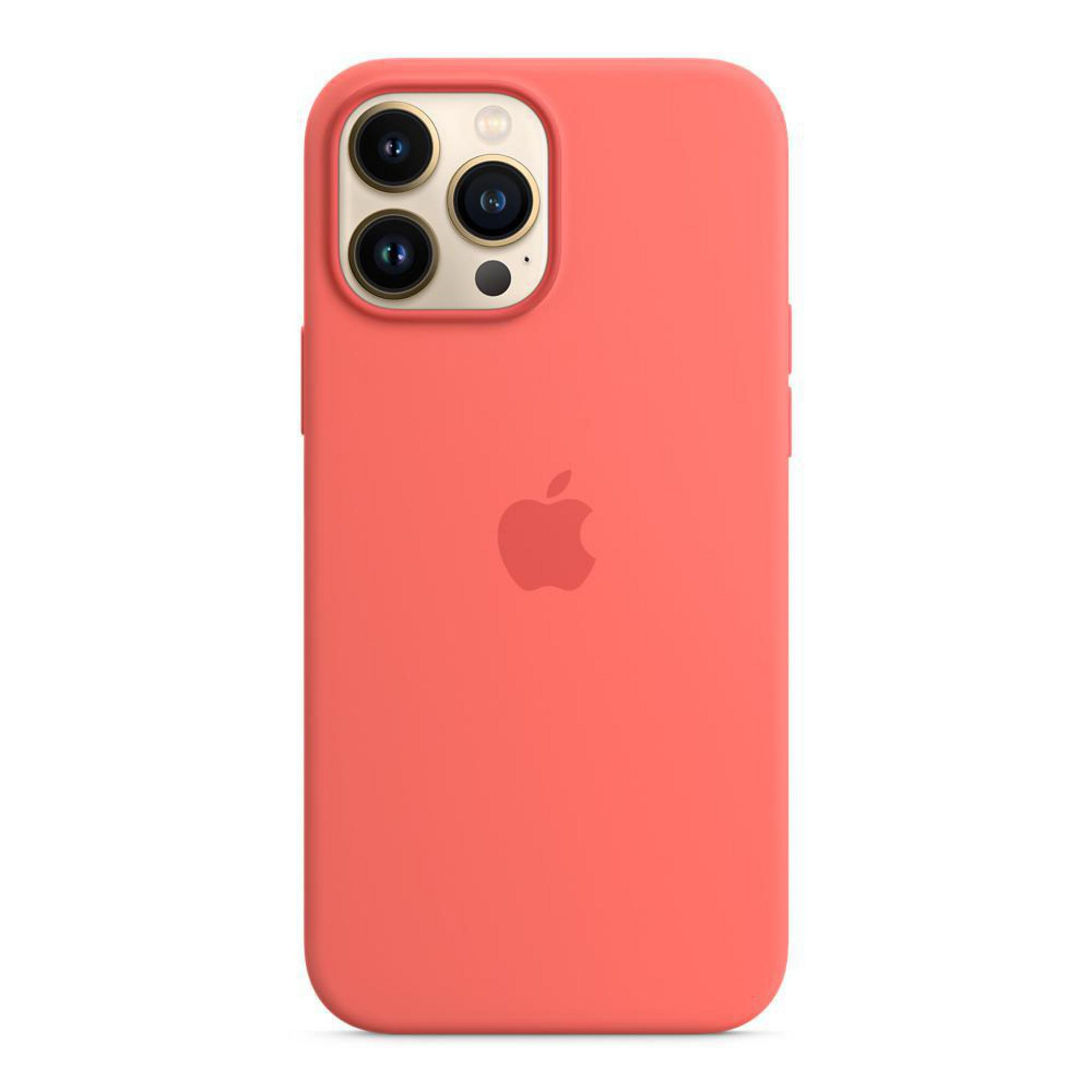 Coral iPhone with triple camera, Apple logo on the back.