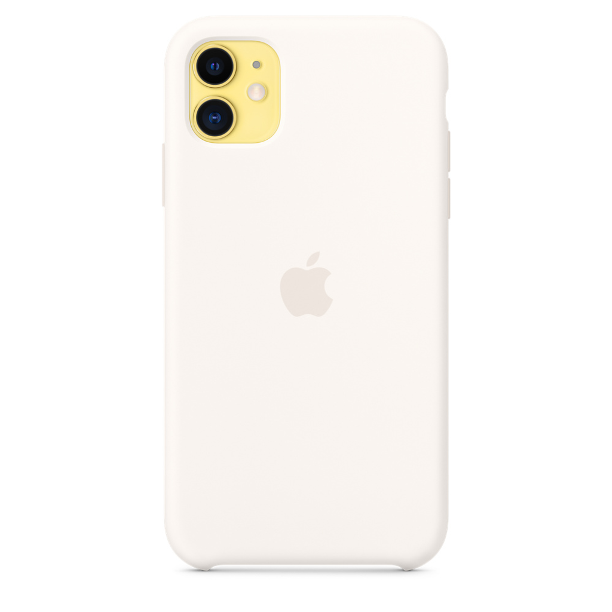 iPhone 11 blanc avec deux caméras arrière et logo Apple. Le téléphone est dans une coque blanche.