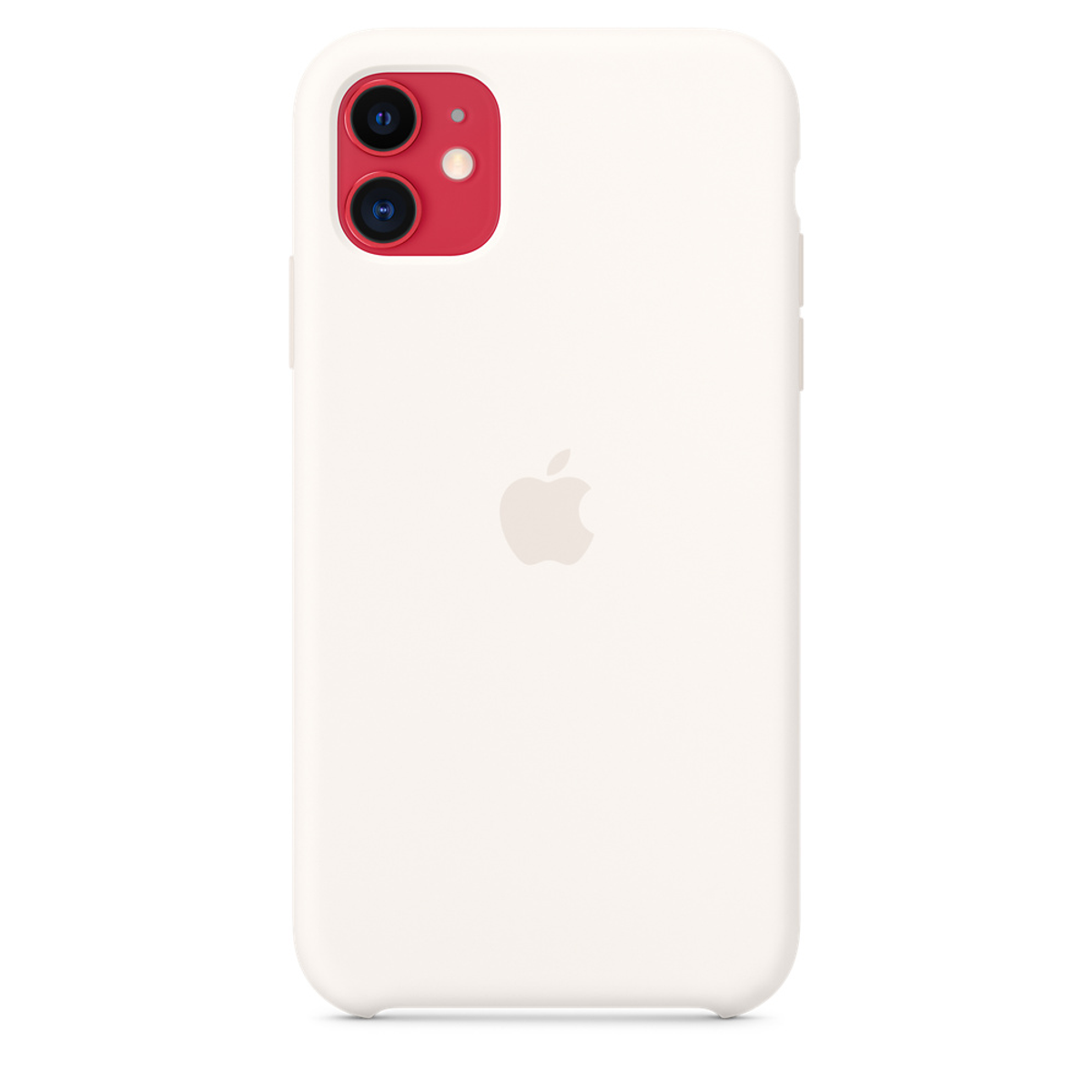 iPhone 11 avec coque blanche et bosse de caméra rouge. Logo Apple au dos. Fond blanc.