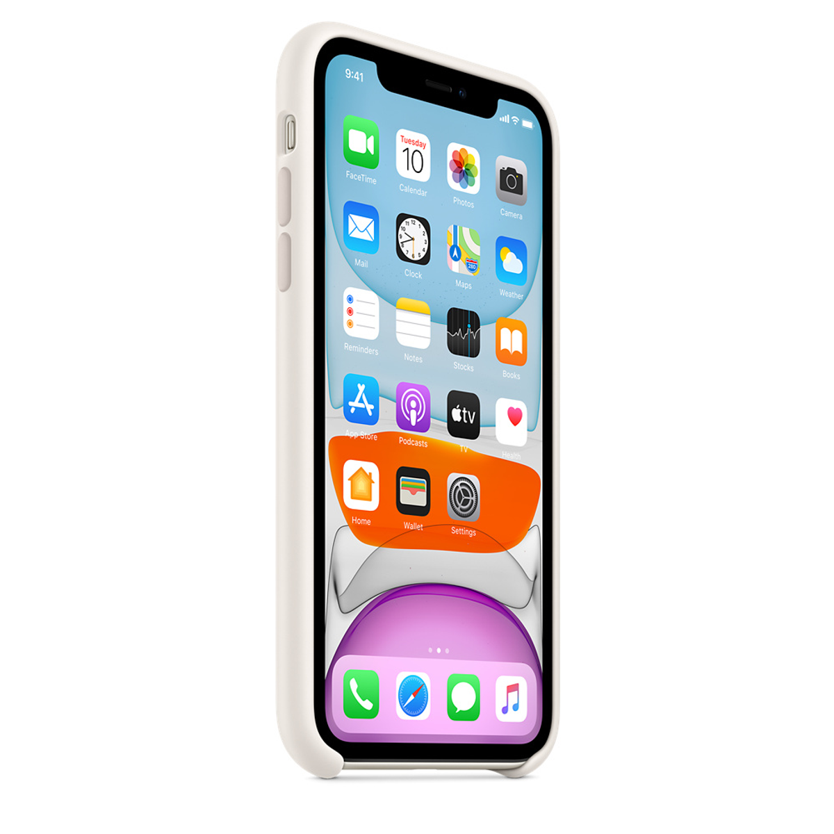 iPhone 11 blanc dans un étui, affichant l'écran d'accueil avec des applications.