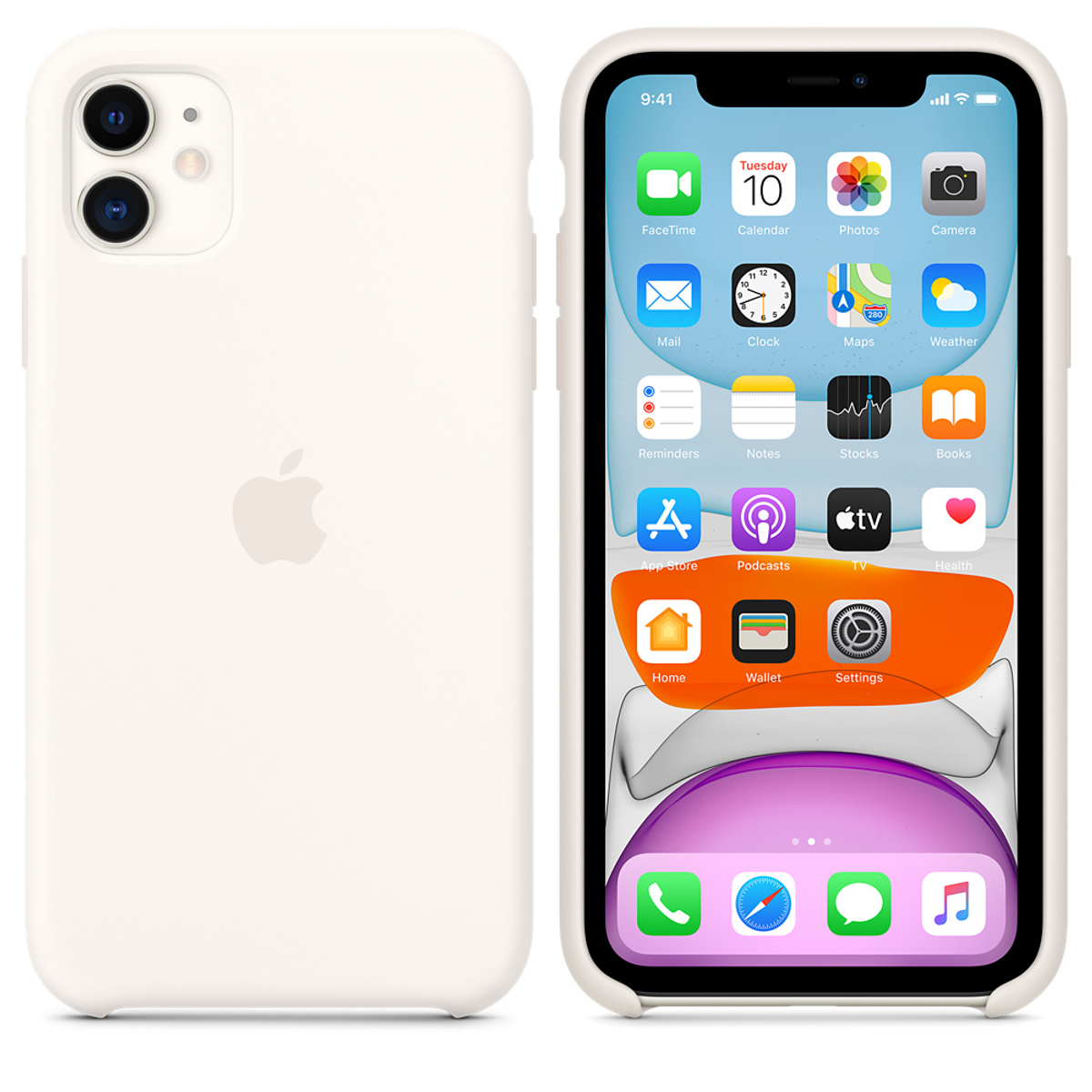 iPhone blanc avec étui blanc. L'écran affiche des icônes d'applications. Sur fond blanc.
