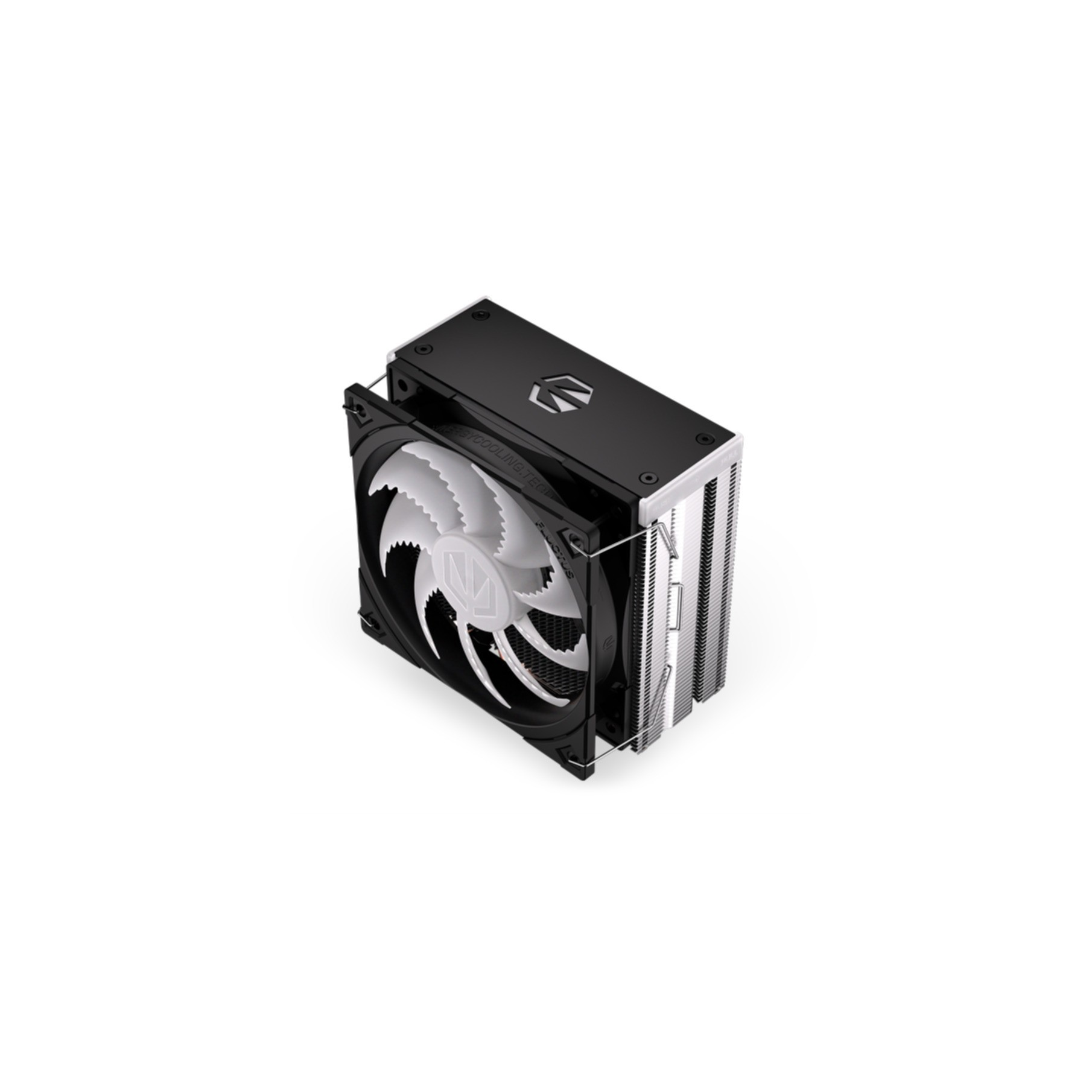 Chłodzenie komputera z czarną ramą, białymi łopatkami wentylatora i srebrnym radiatorem.