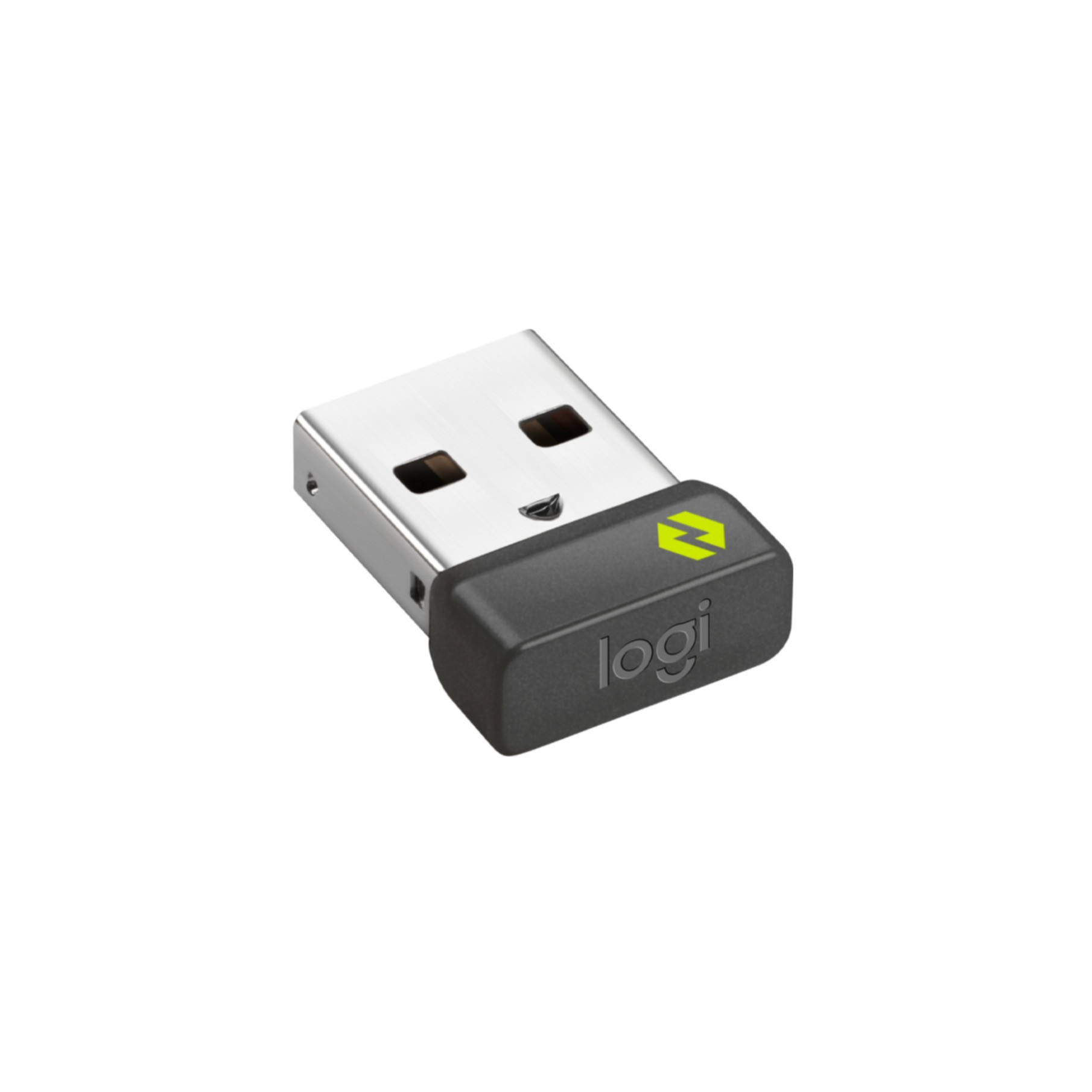 Odbiornik USB Logi z czarnym końcem na białym tle.