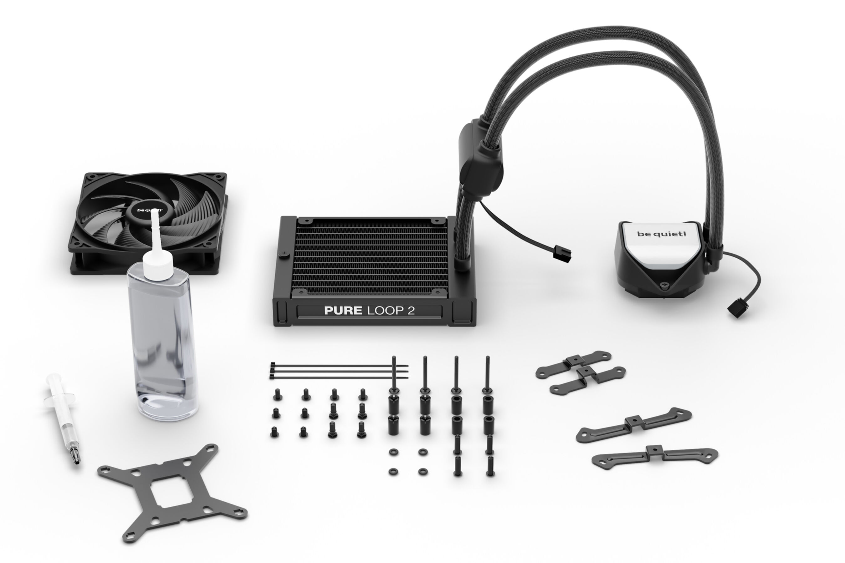 Kit di raffreddamento a liquido per computer con ventola, radiatore e vari componenti.