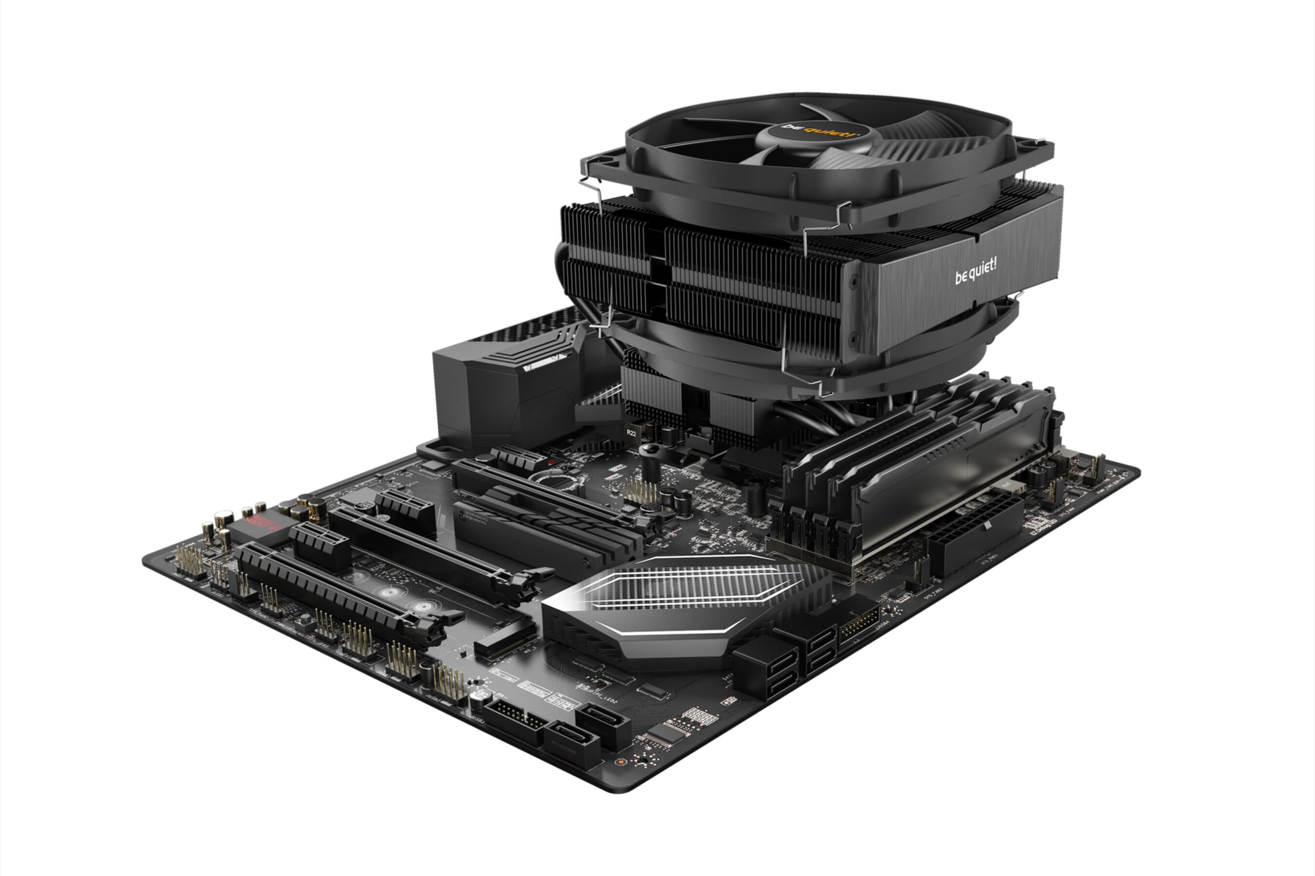 Een moederbord van een computer met een CPU-koeler en andere componenten. Zwarte en grijze kleuren. Witte achtergrond.