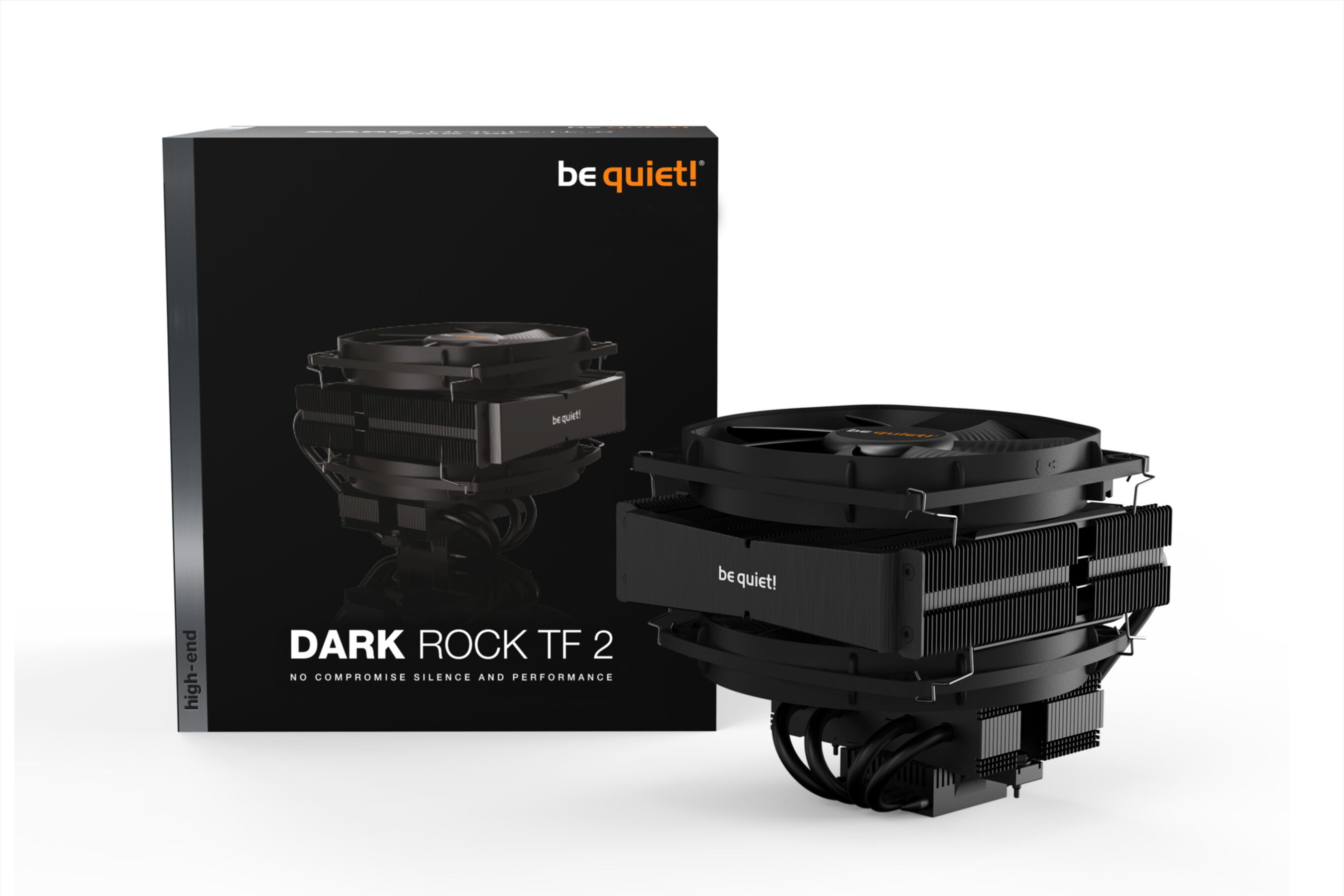 Zwarte computerkoeler met een doos. Tekst: Dark Rock TF 2, geen compromis stilte.