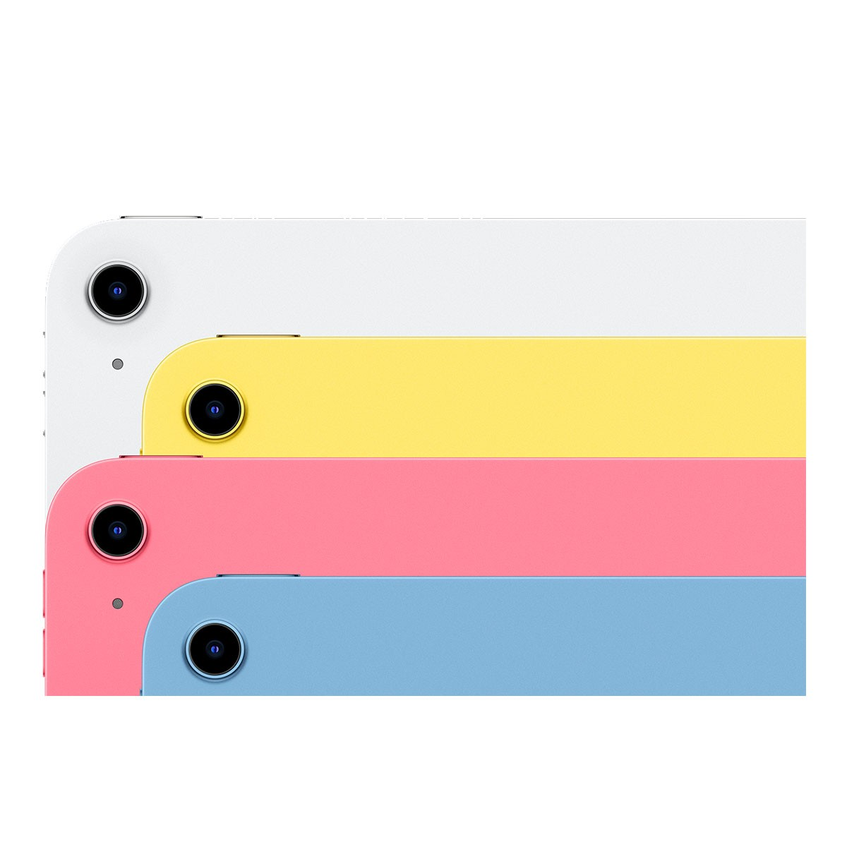 Cztery kolorowe iPady, biały, żółty, różowy i niebieski, ustawione obok siebie.