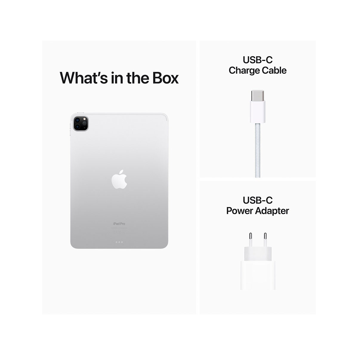 iPad Pro blanco, cable USB-C y adaptador de corriente sobre fondo blanco.