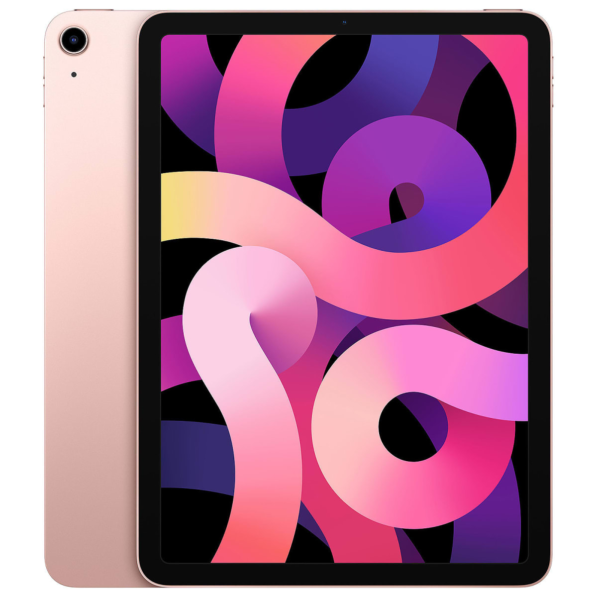 Roze iPad Air met het scherm dat een kleurrijke abstracte afbeelding toont. De achterkant is roze.
