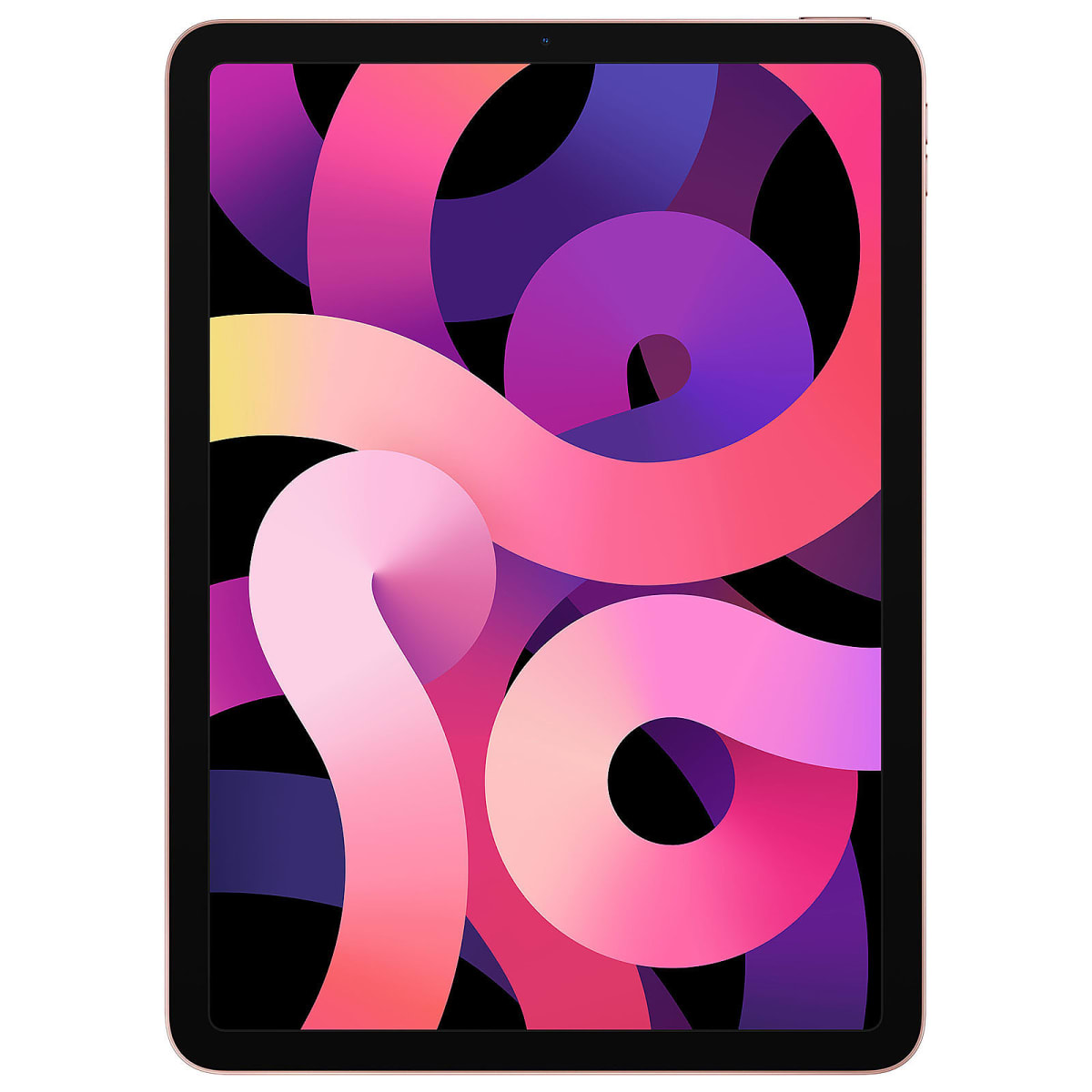 Gouden tablet met abstract ontwerp op het scherm. Roze, paarse en oranje wervelingen.