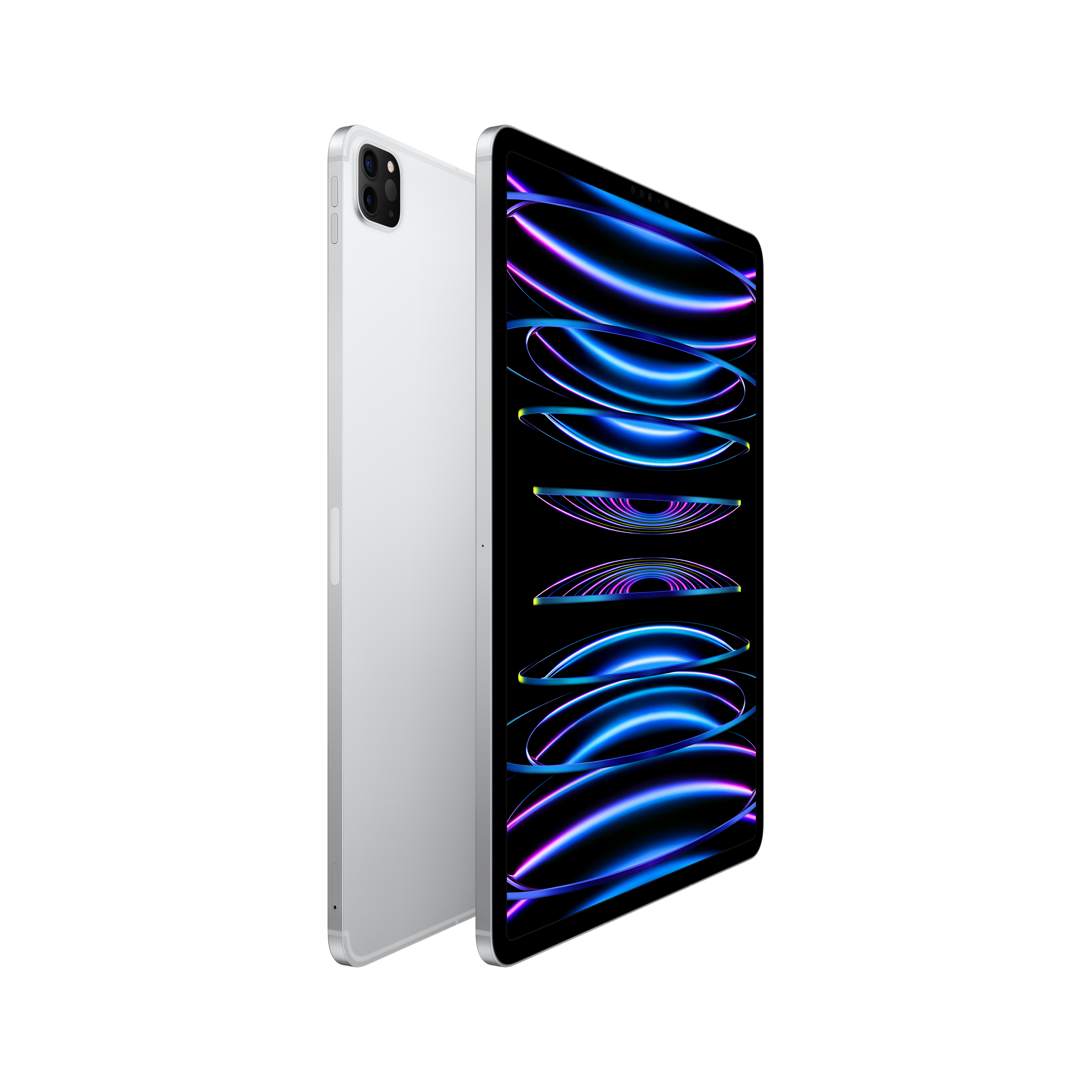 Un tablet argentato con uno schermo nero che mostra motivi di luce blu e viola. Un altro tablet è dietro.