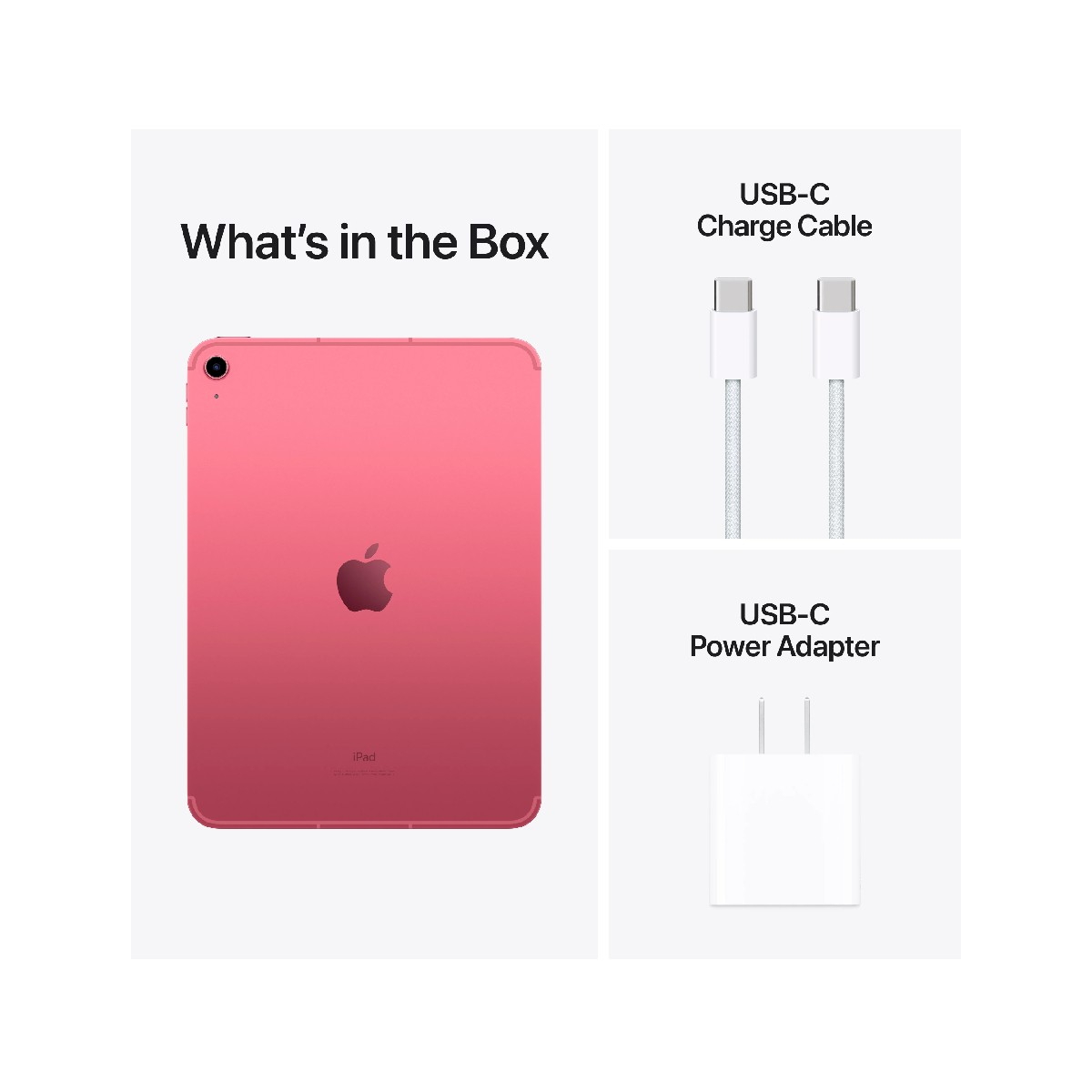 Tablet z akcesoriami: kabel USB-C, ładowarka, iPad. Kolor różowy, białe tło.