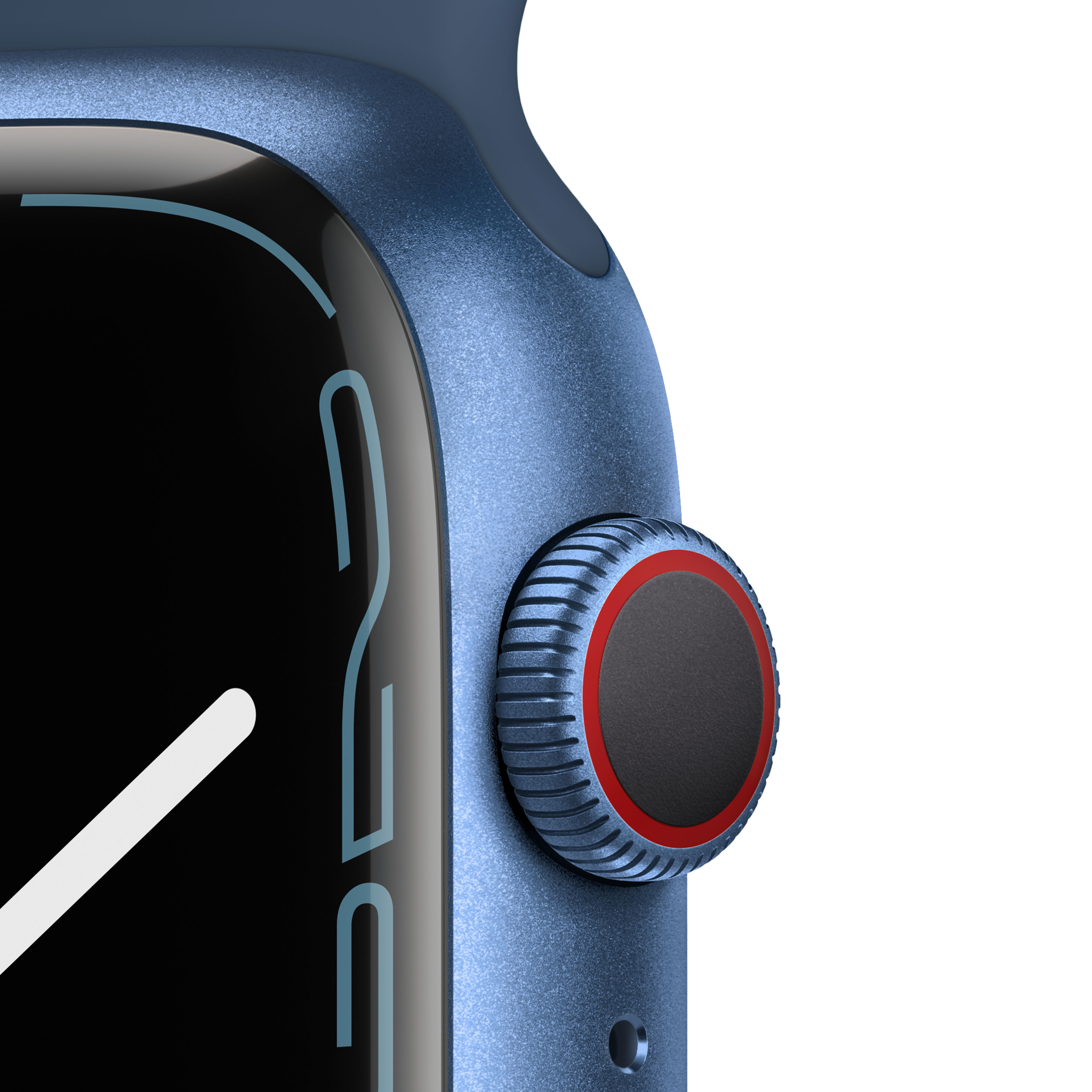 Primer plano de un reloj inteligente azul con esfera negra y roja y fondo blanco.