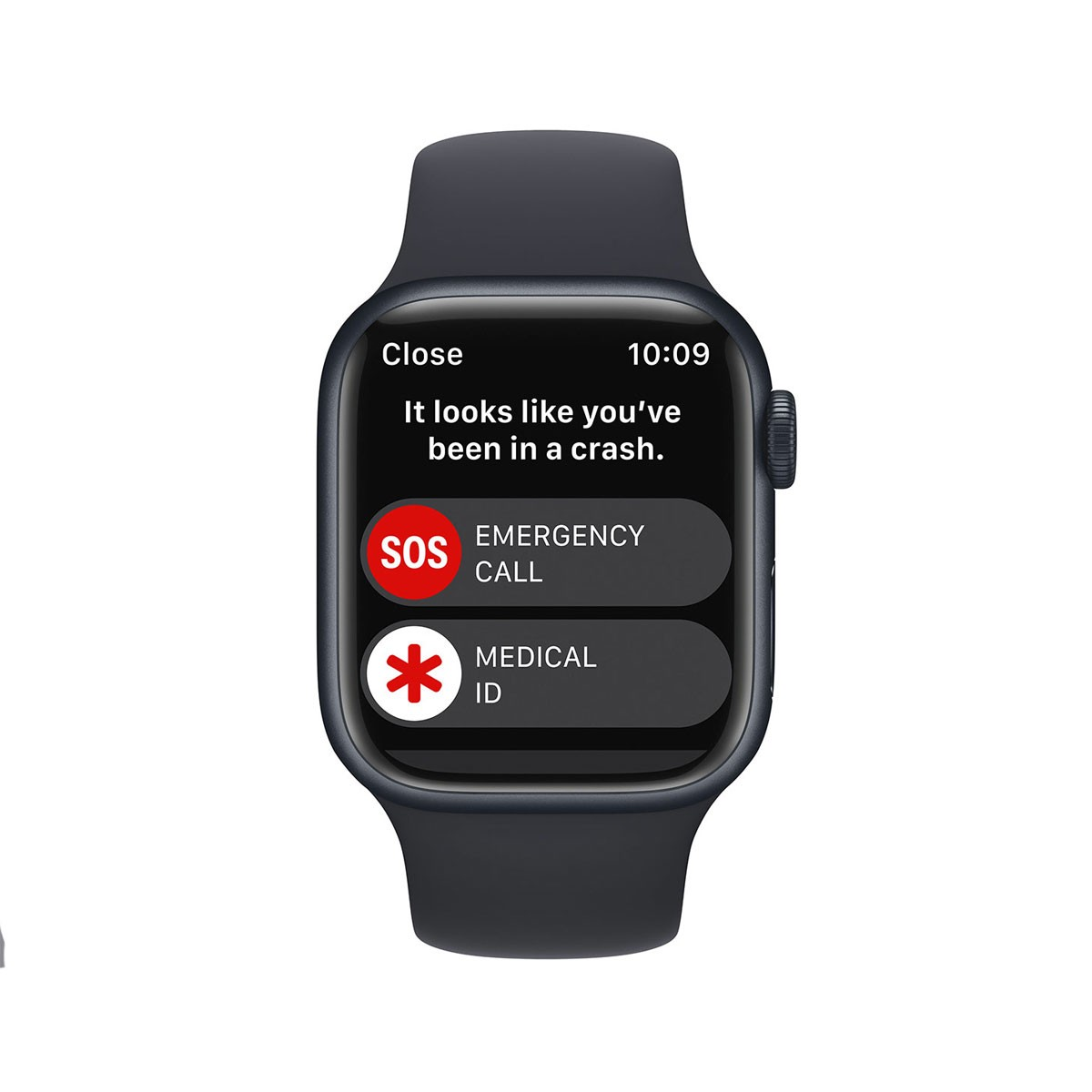 Un reloj inteligente con un mensaje sobre un accidente y opciones de llamada de emergencia.