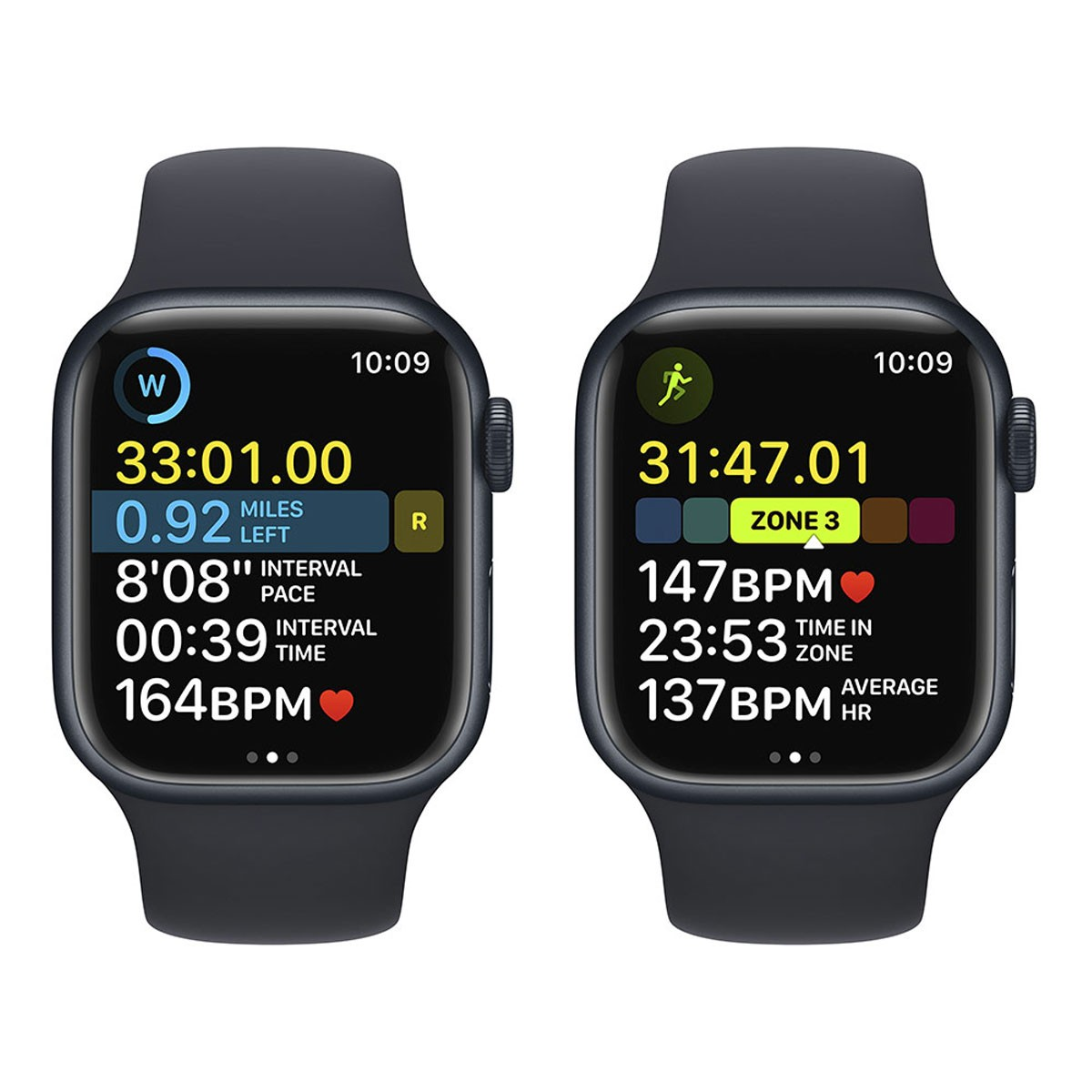 Dos smartwatches mostrando métricas de entrenamiento, con correas y pantallas negras.