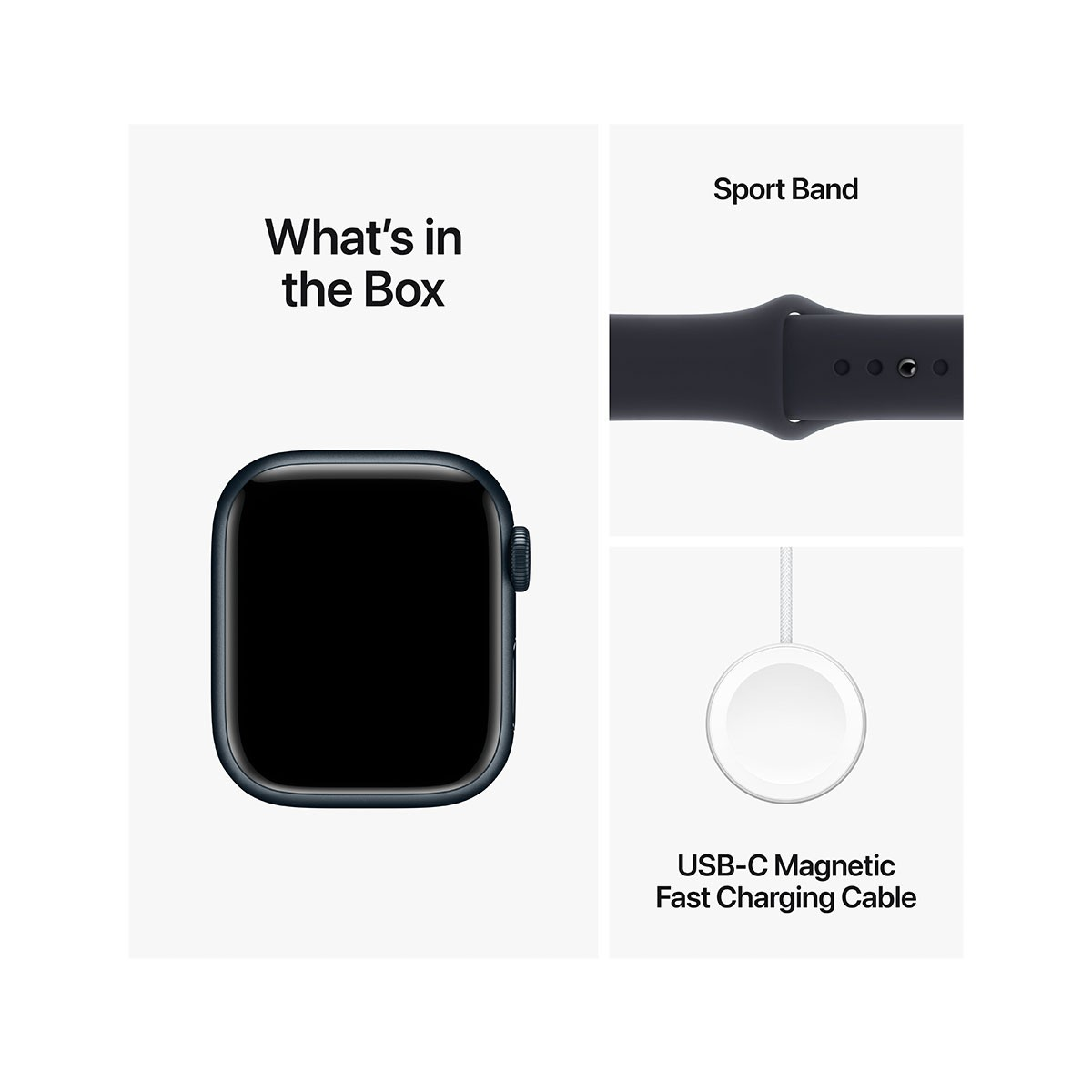 Apple Watch, correa y cargador. Fondo blanco. Texto: What's in the Box.