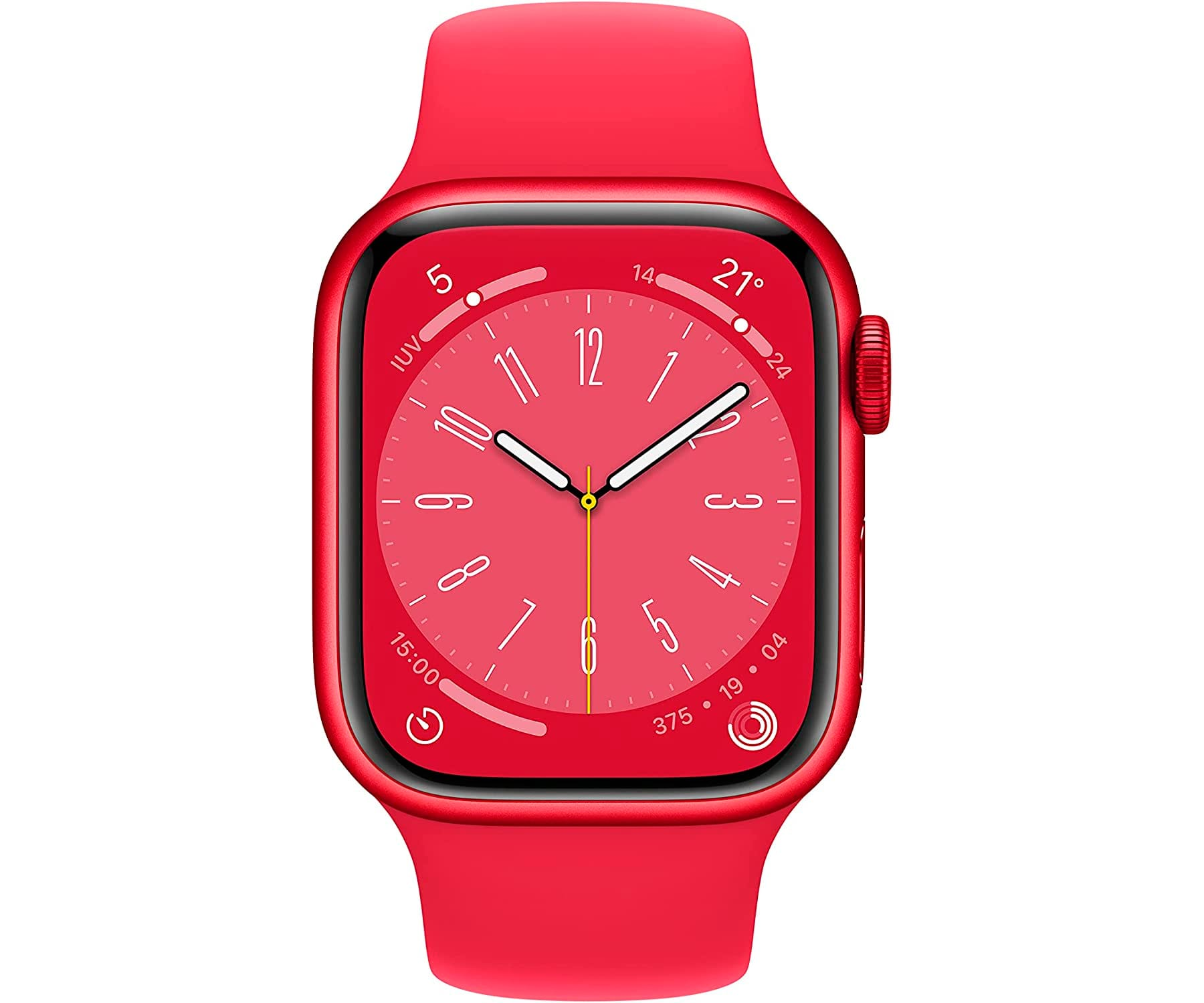 Apple Watch roja con correa roja, mostrando la hora y la fecha.