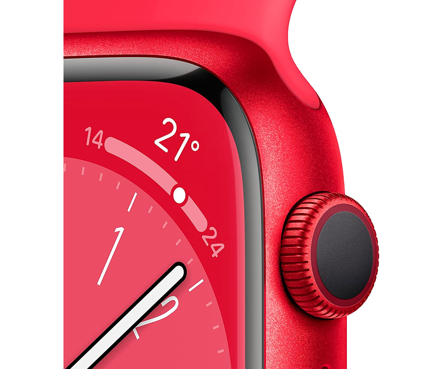 Apple Watch roja que muestra la hora, la fecha y la configuración. Esfera negra y banda roja.
