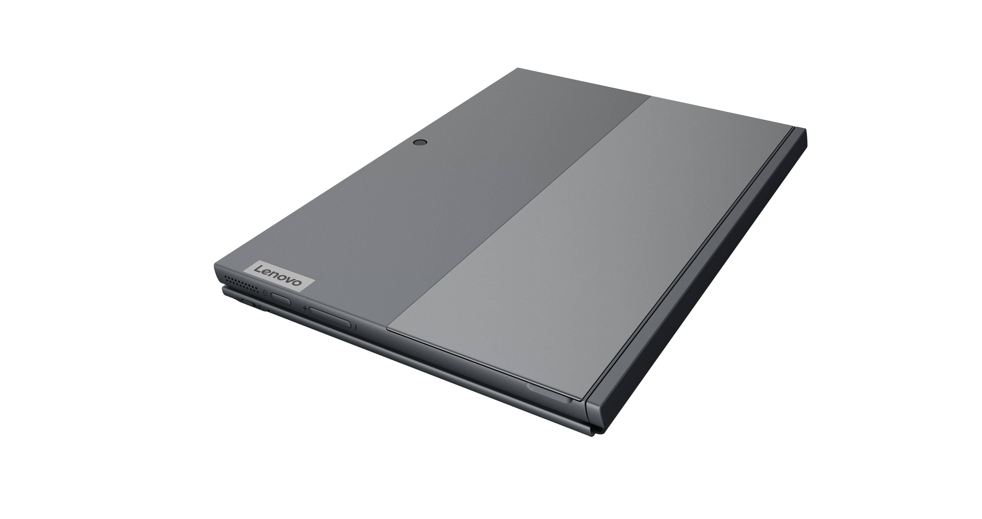 Tablet grigio chiuso, con logo Lenovo. Vista laterale e dall'alto.