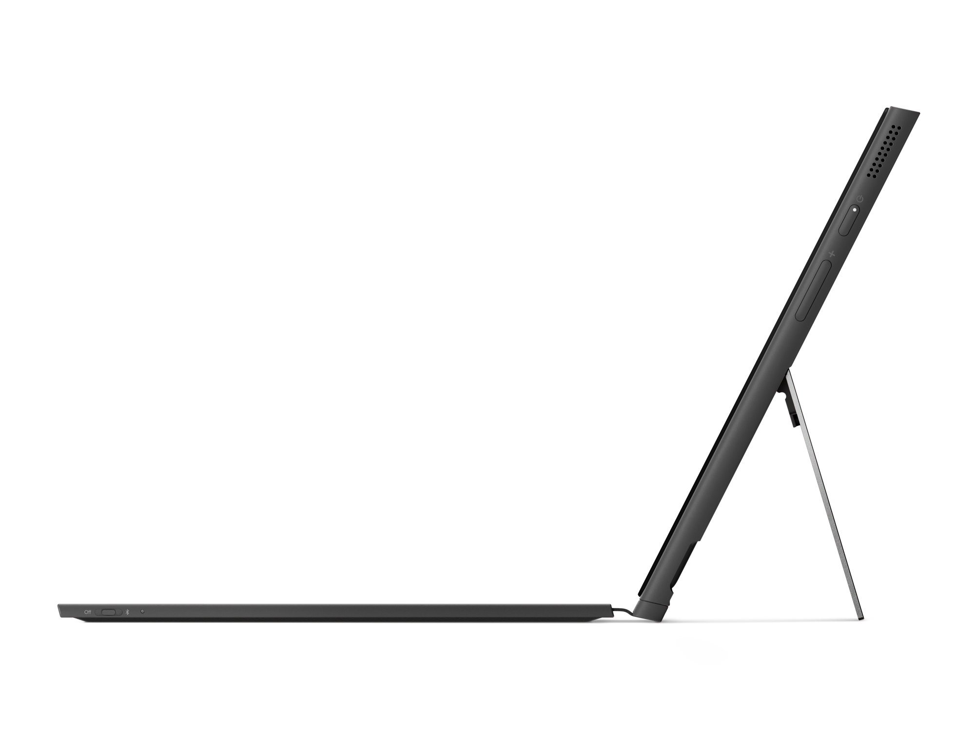 Vista laterale del tablet nero con supporto. Lo schermo è angolato. Sfondo bianco.