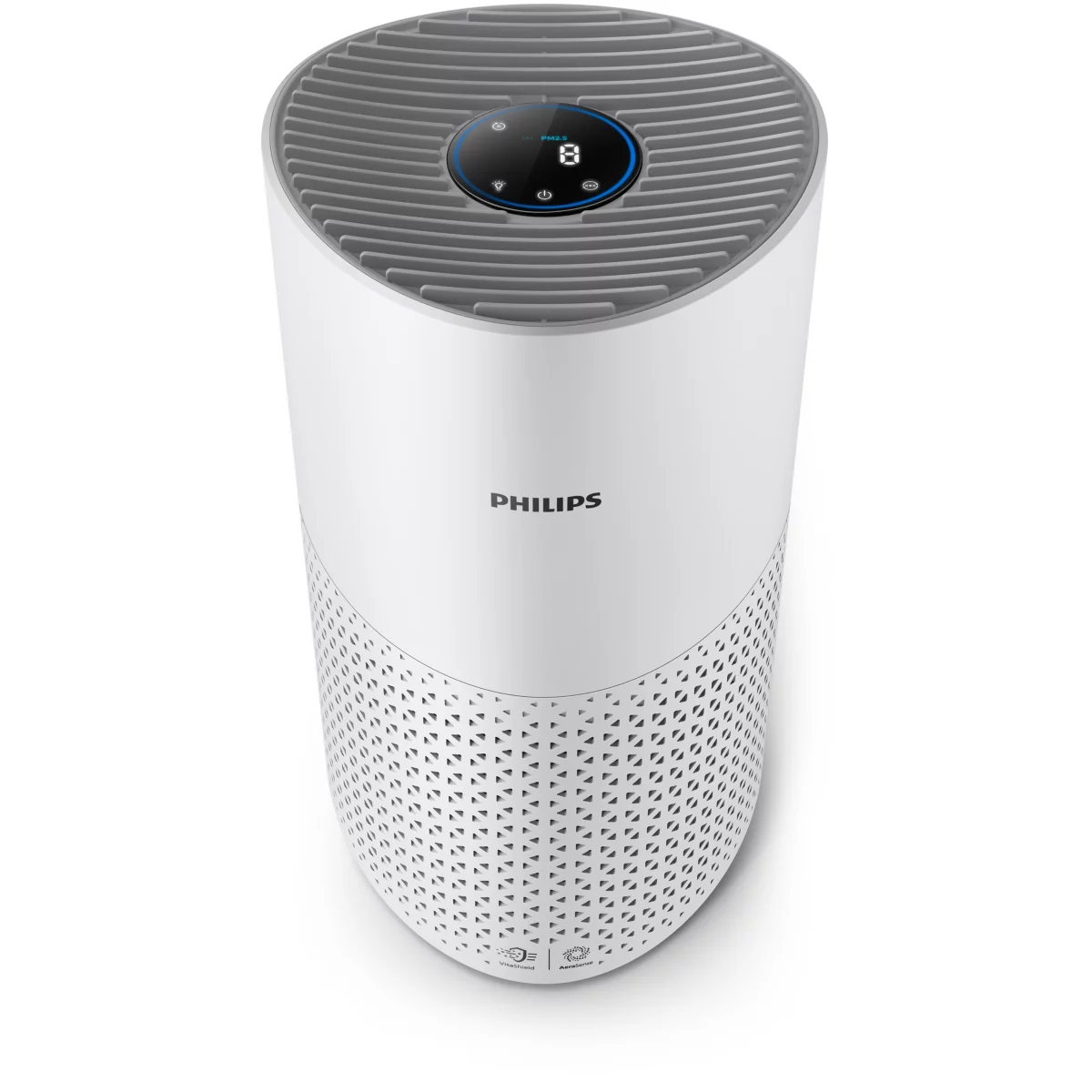Üst ızgaralı, ekranlı ve Philips logolu beyaz hava temizleyici. Beyaz bir arka planda.