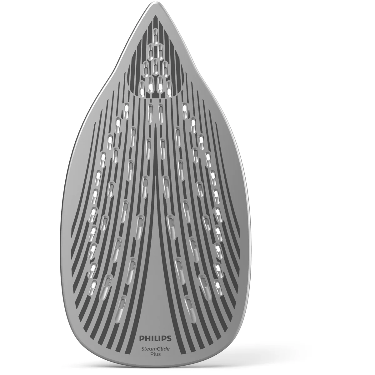 Silberne Bügeleisensohle mit Loch- und Linienmuster. Mit Philips SteamGlide Plus Logo.