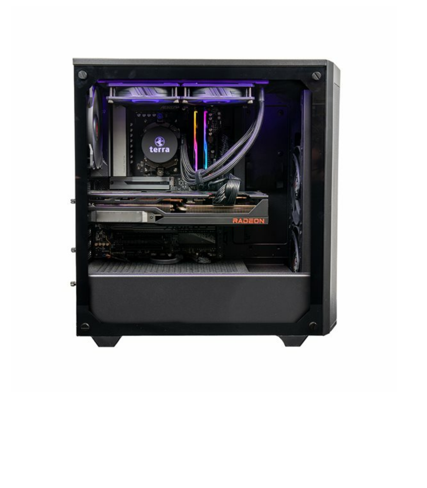 Obudowa komputera z komponentami w środku, w tym kartą graficzną i chłodzeniem CPU.