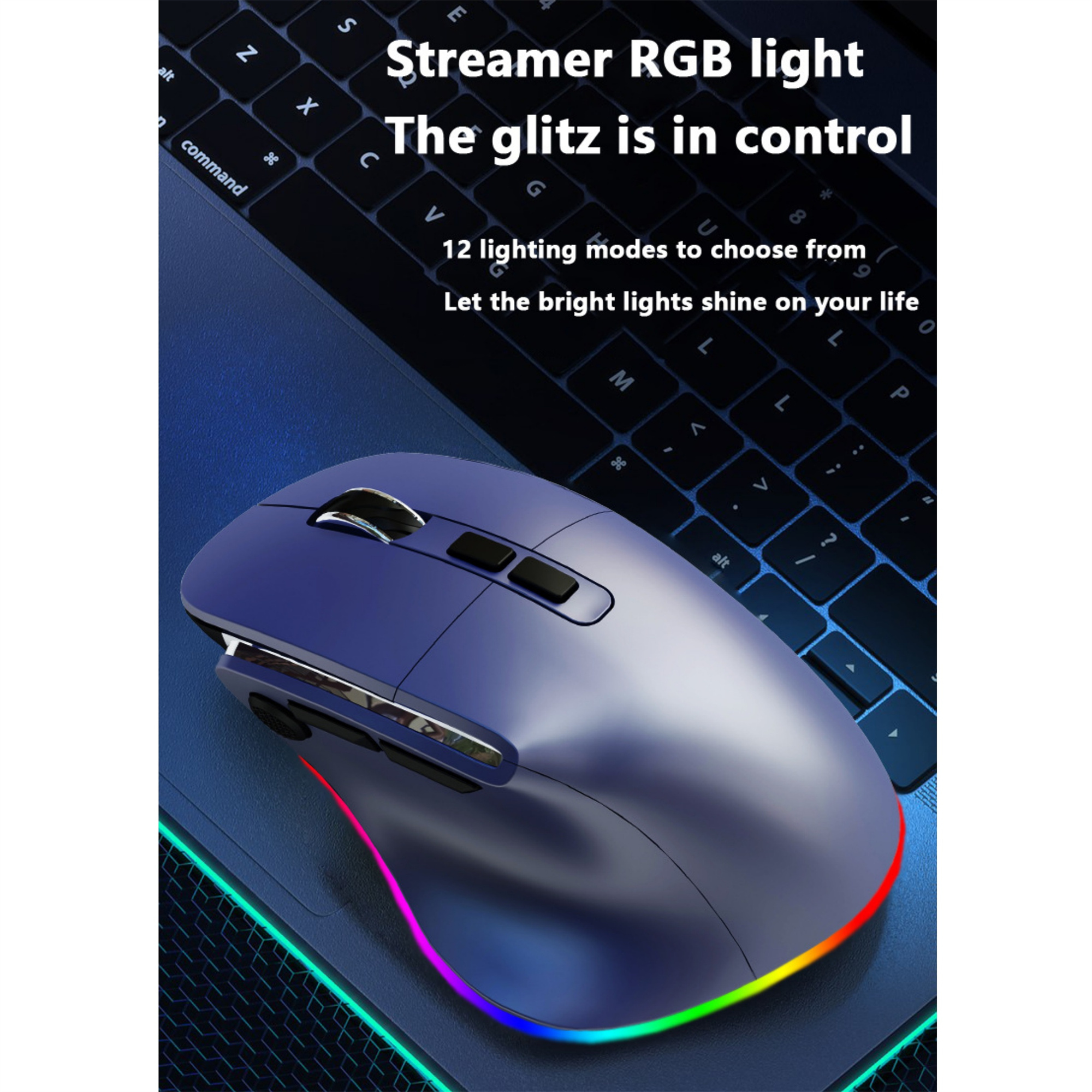 Blaue Maus auf Tastatur, RGB-Licht, schwarze Tasten, blaues Licht auf der Oberfläche.