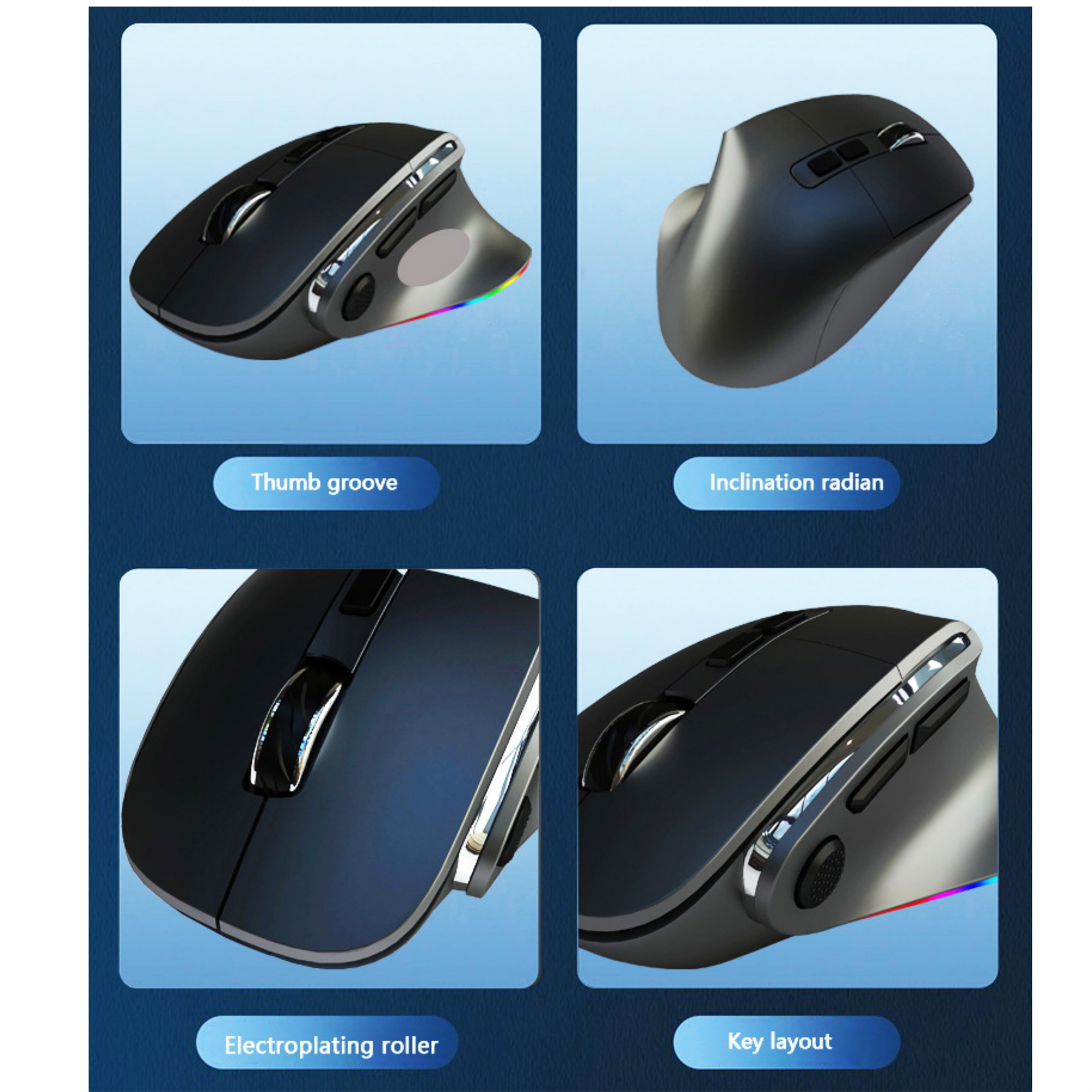 Vier ergonomische Computermaus in Schwarz und Silber, mit Merkmalen wie Daumenmulde und Tastenanordnung.