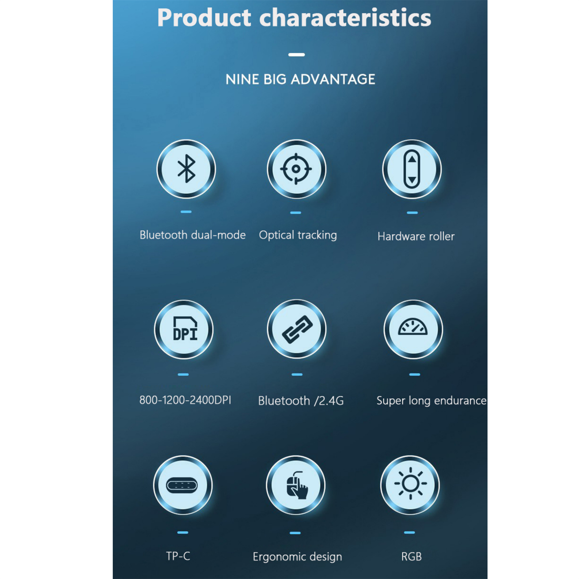Grafik mit Symbolen. Bluetooth, optische Verfolgung und andere. Text: 'Produkteigenschaften'.