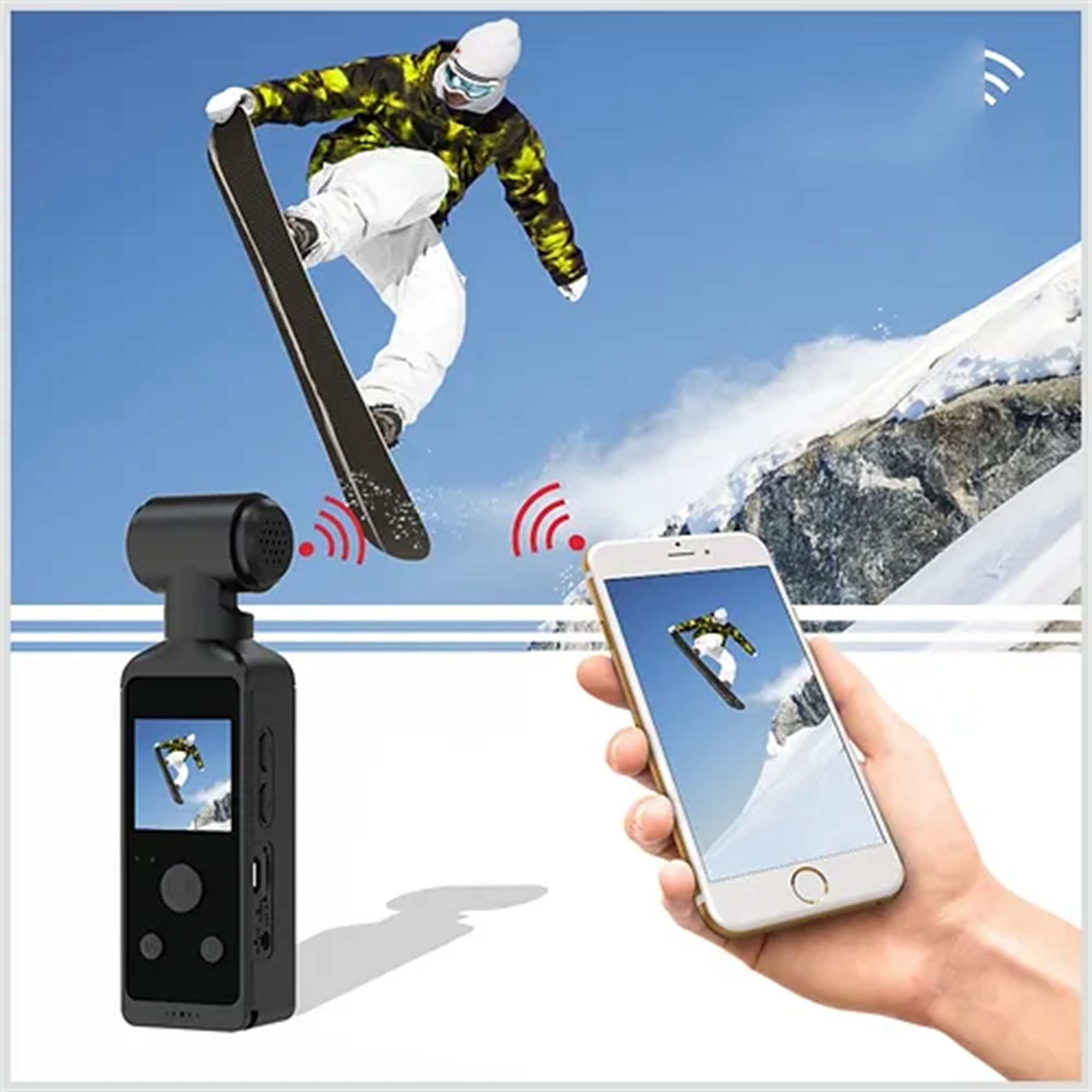 Eine Person, die ein Telefon mit einem Snowboarder hält. Eine kleine Kamera ist ebenfalls sichtbar, mit WLAN-Indikatoren.