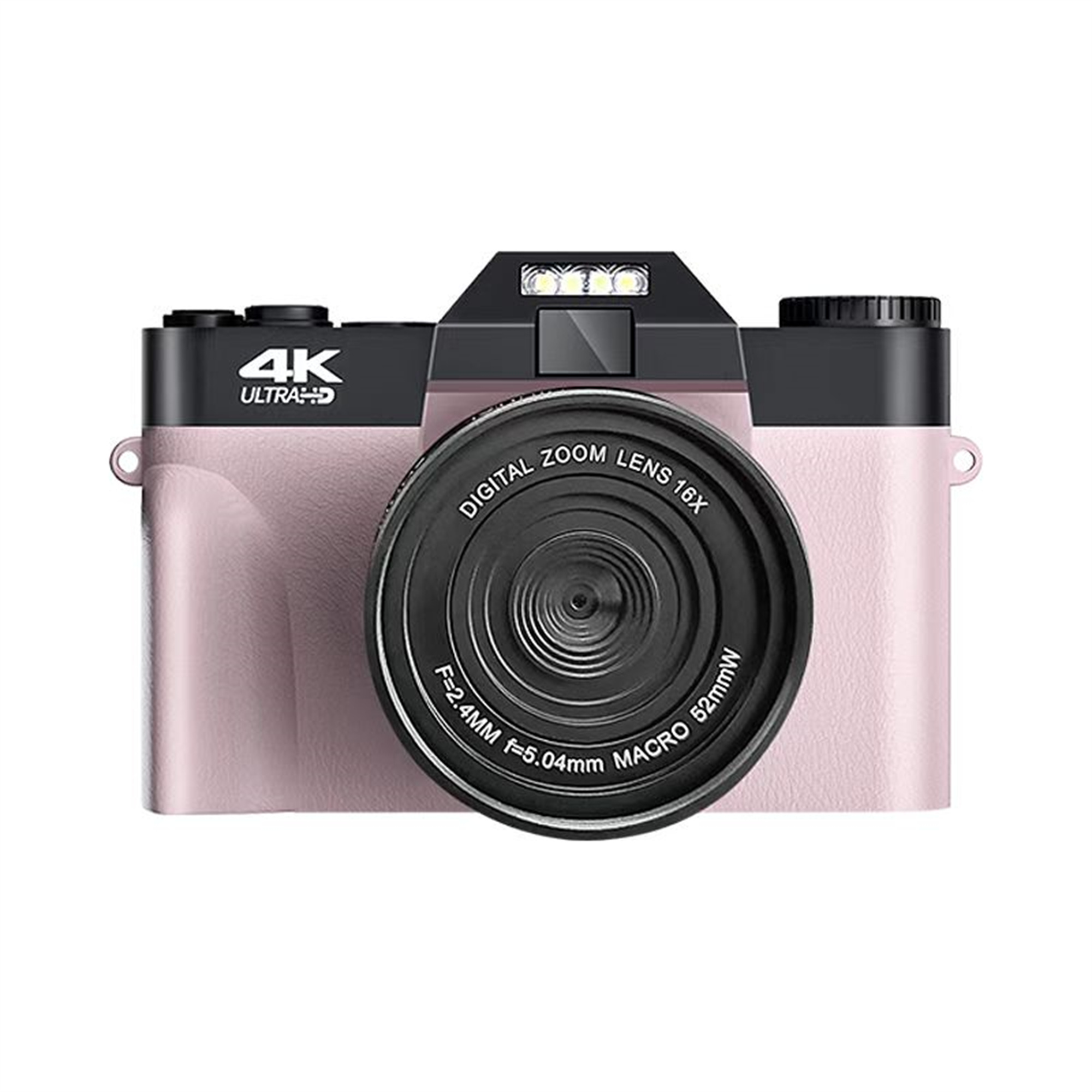 Eine rosa Digitalkamera mit schwarzem Oberteil, mit Objektiv, Display und Knöpfen.