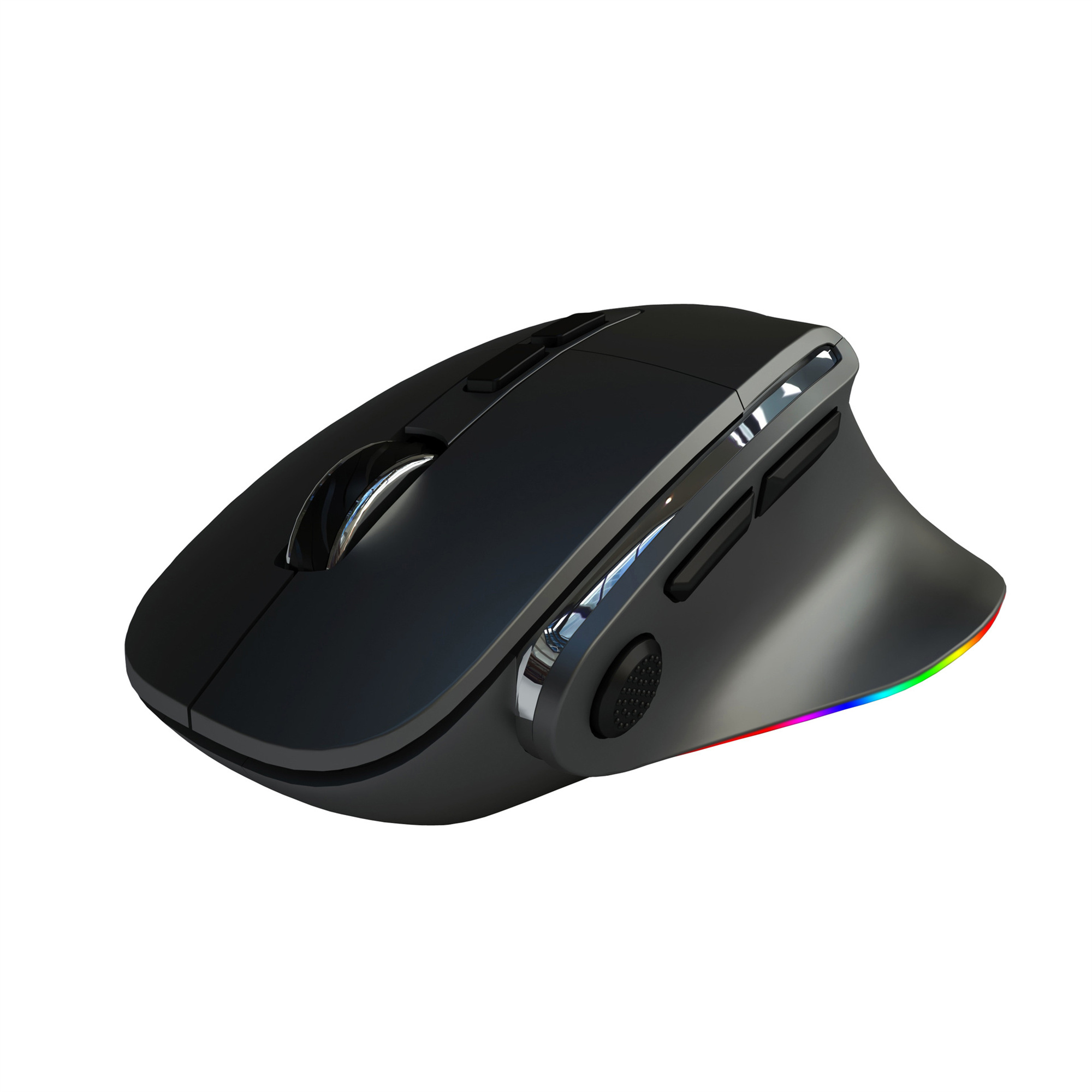 Eine schwarze ergonomische Maus mit mehrfarbigen LED-Leuchten und Chromakzenten, auf Weiß.