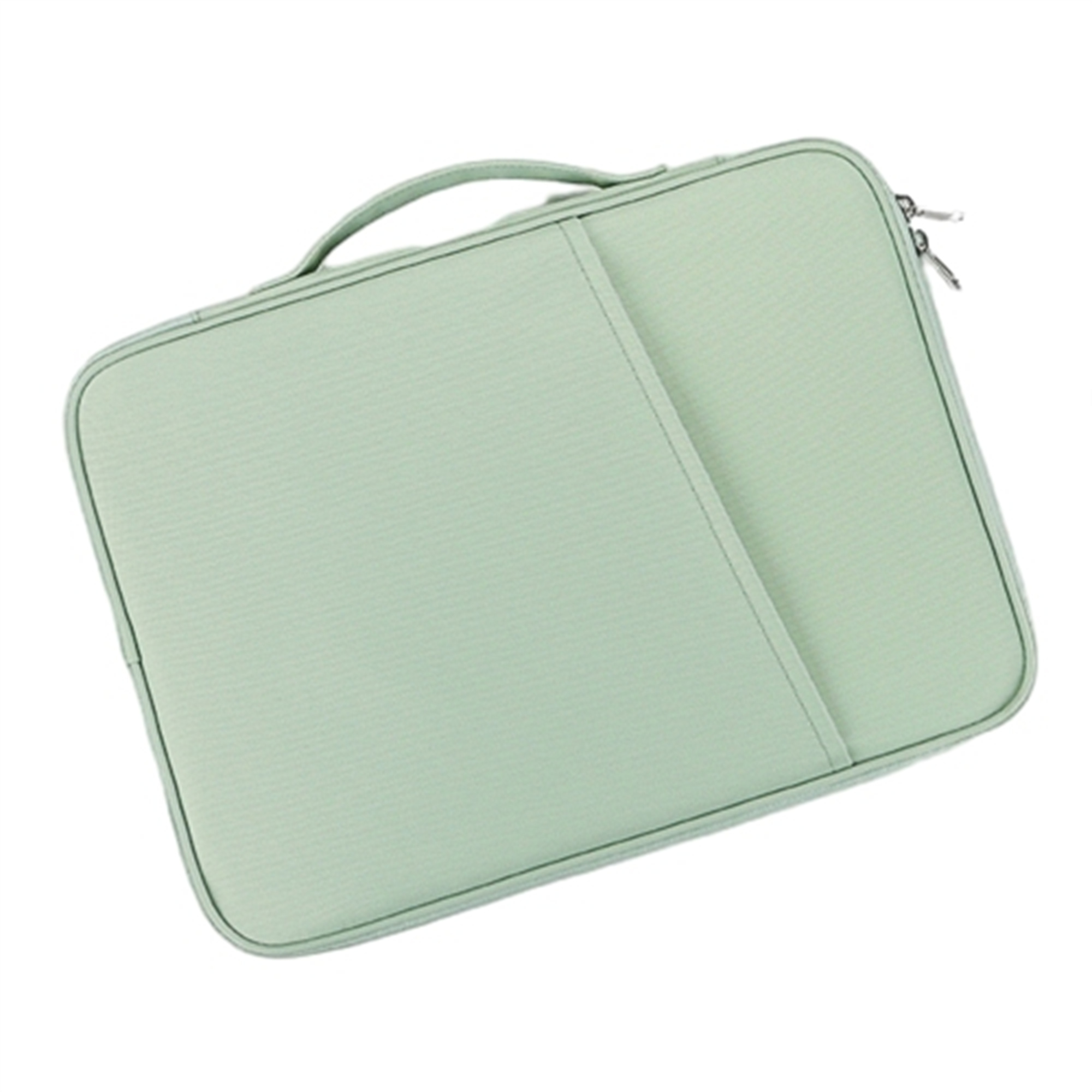 Hellgrüne Laptoptasche mit Griff und Reißverschluss auf weißem Hintergrund. Sie hat eine Tasche.