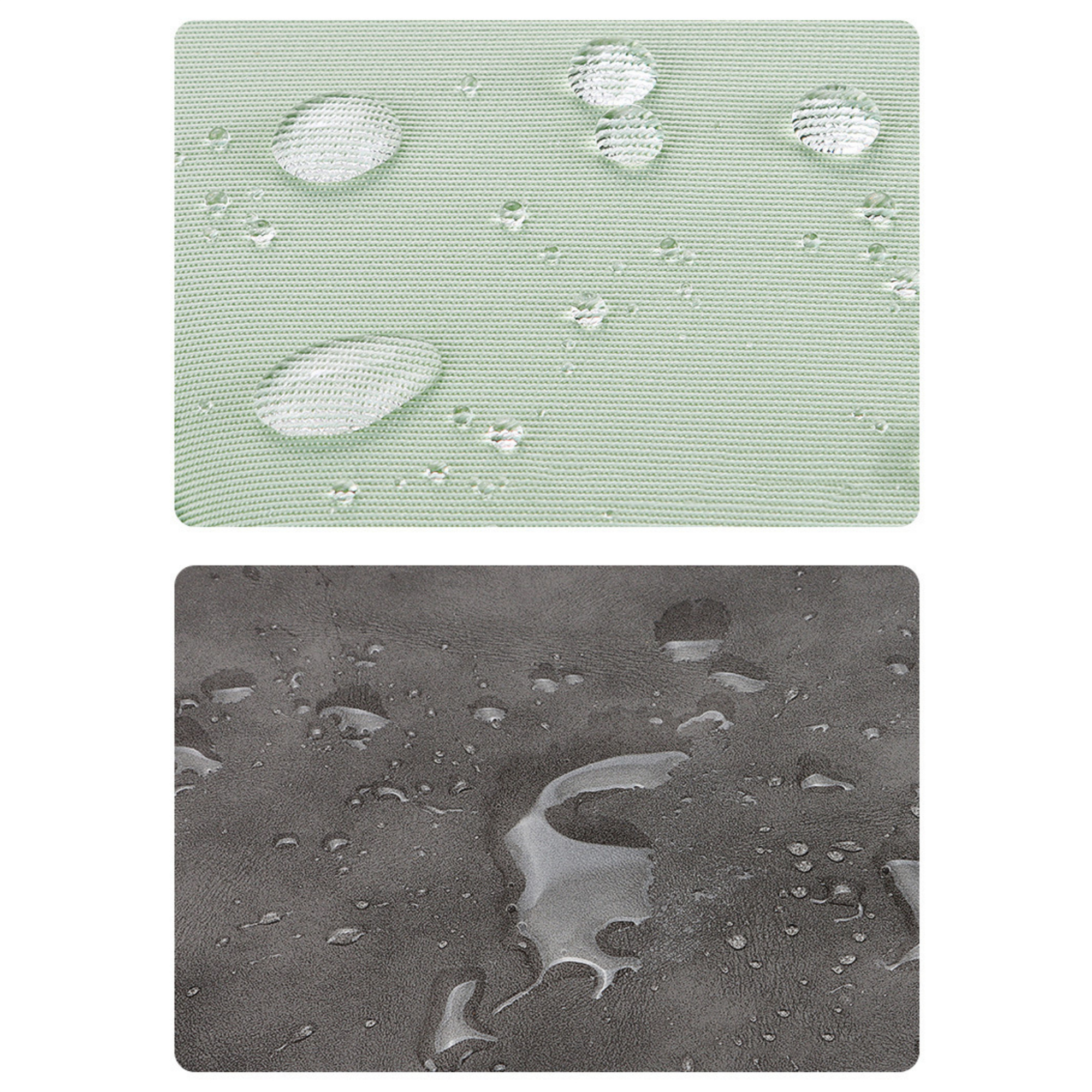Nahaufnahme von zwei Materialien mit Wassertropfen. Grün und grau.